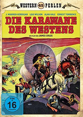 Filmposter einer Westernszene mit Menschen und Planwagen.