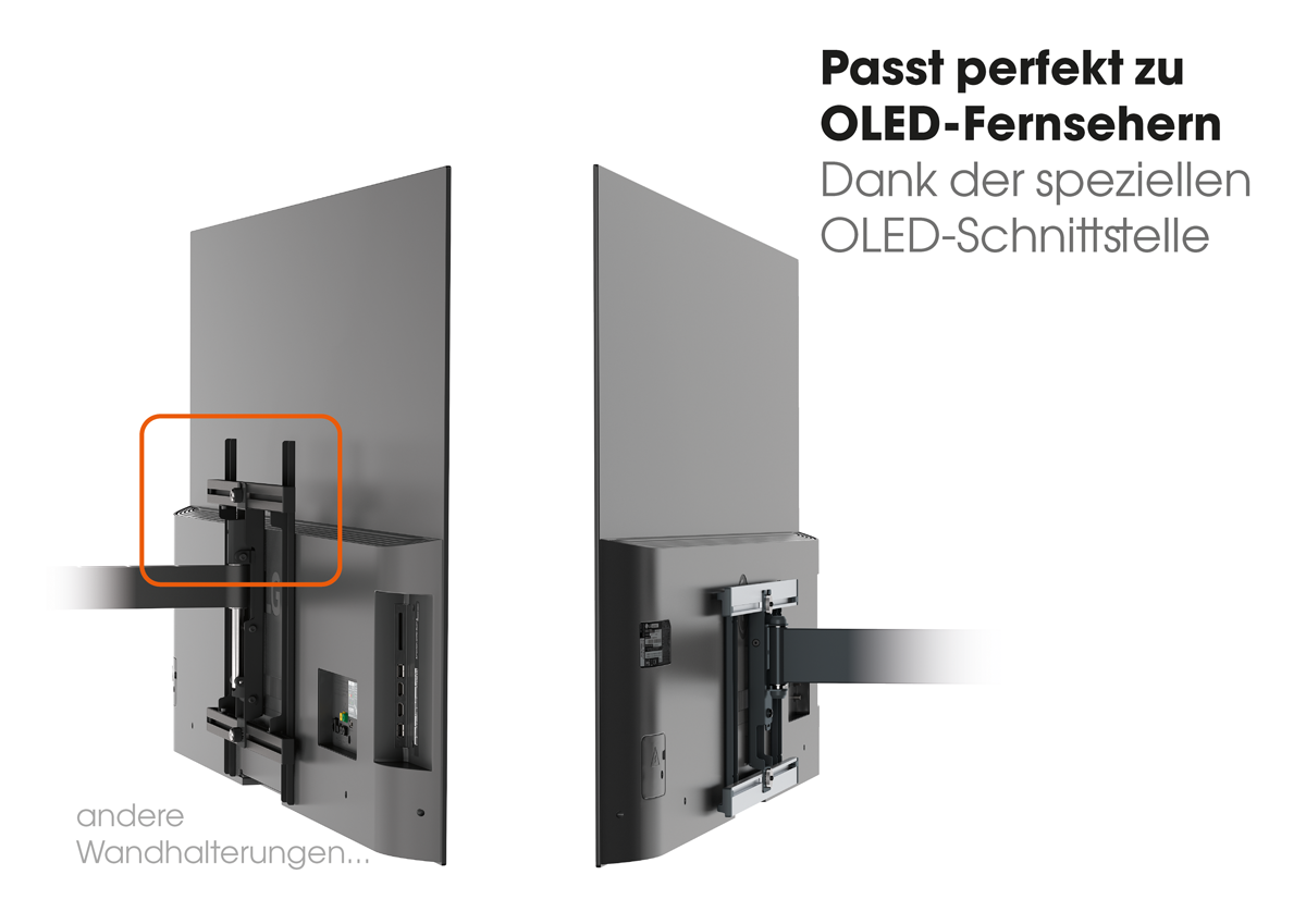 Zwei TV-Halterungen, eine an einem Fernseher montiert, mit Text über OLED-Fernseher.