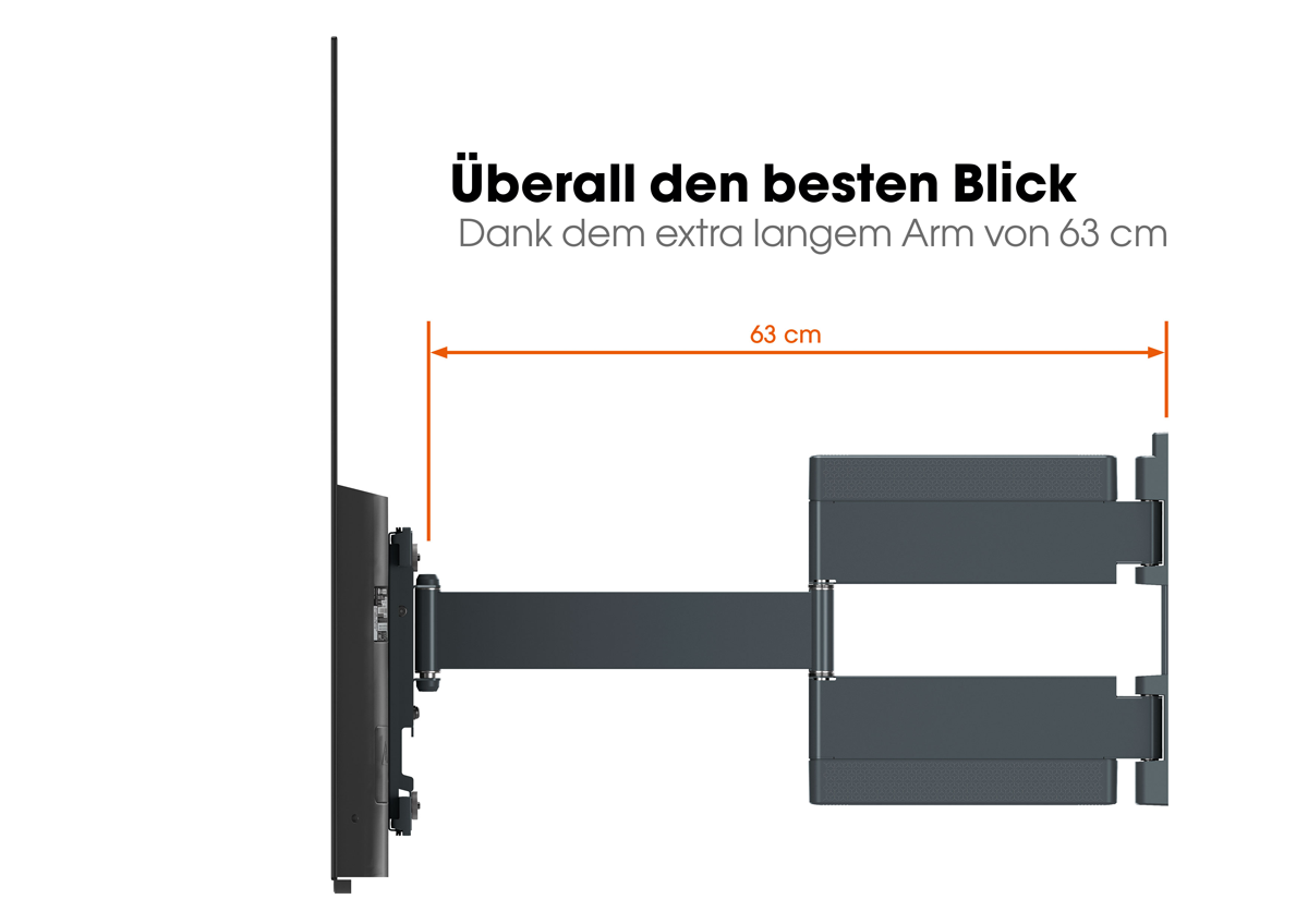 TV-Wandhalterungsarm, ausgefahren mit 63 cm Messung, an einer Wand montiert.