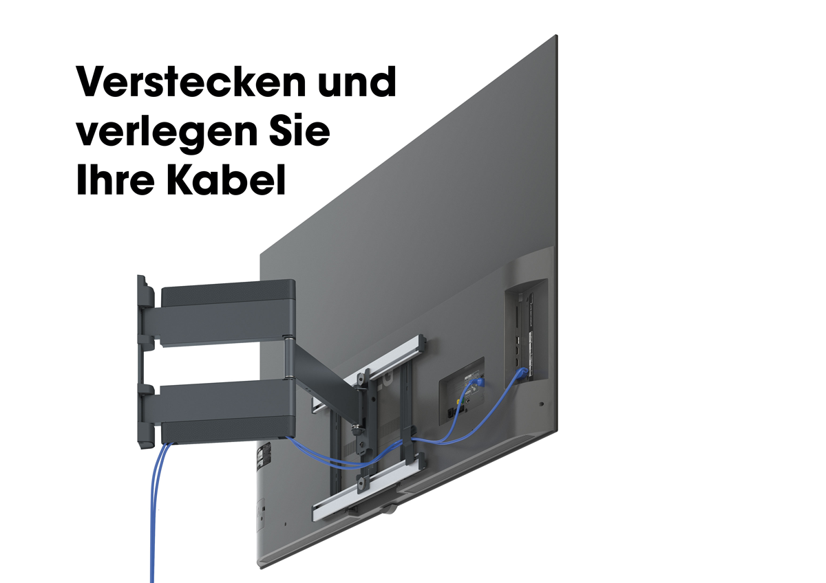 Ein an der Wand montierter Fernseher mit Kabeln, der eine Nachricht zum Verbergen von Kabeln zeigt.
