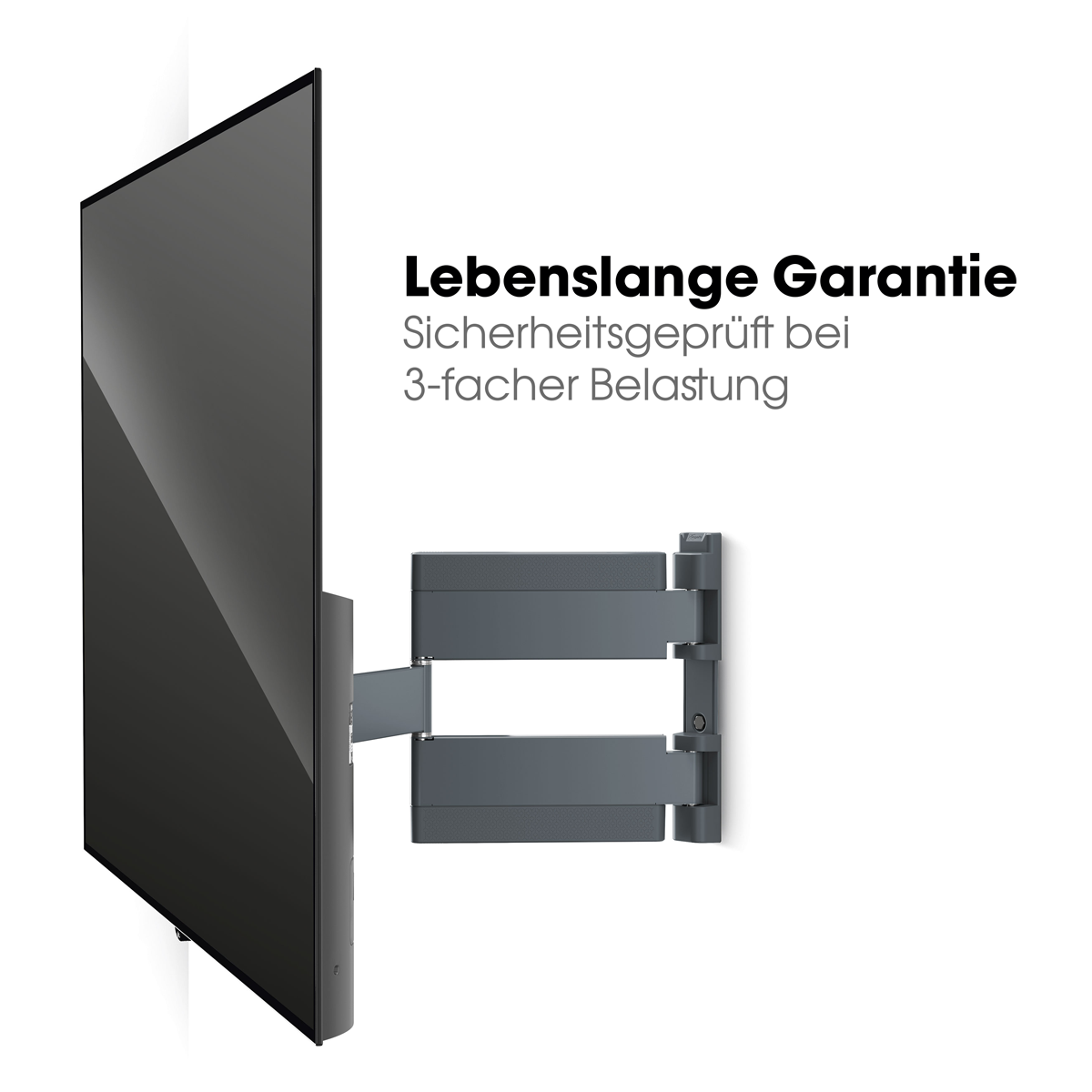 Ein schwarzer Fernseher an einer grauen Wandhalterung. Weißer Hintergrund, Text: 'Lebenslange Garantie'.