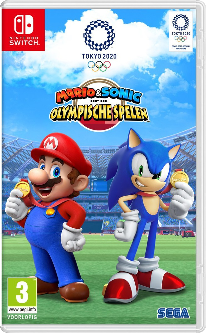 Mario & Sonic op de Olympische Spelen gamecover. Mario en Sonic houden medailles vast, in een stadion.