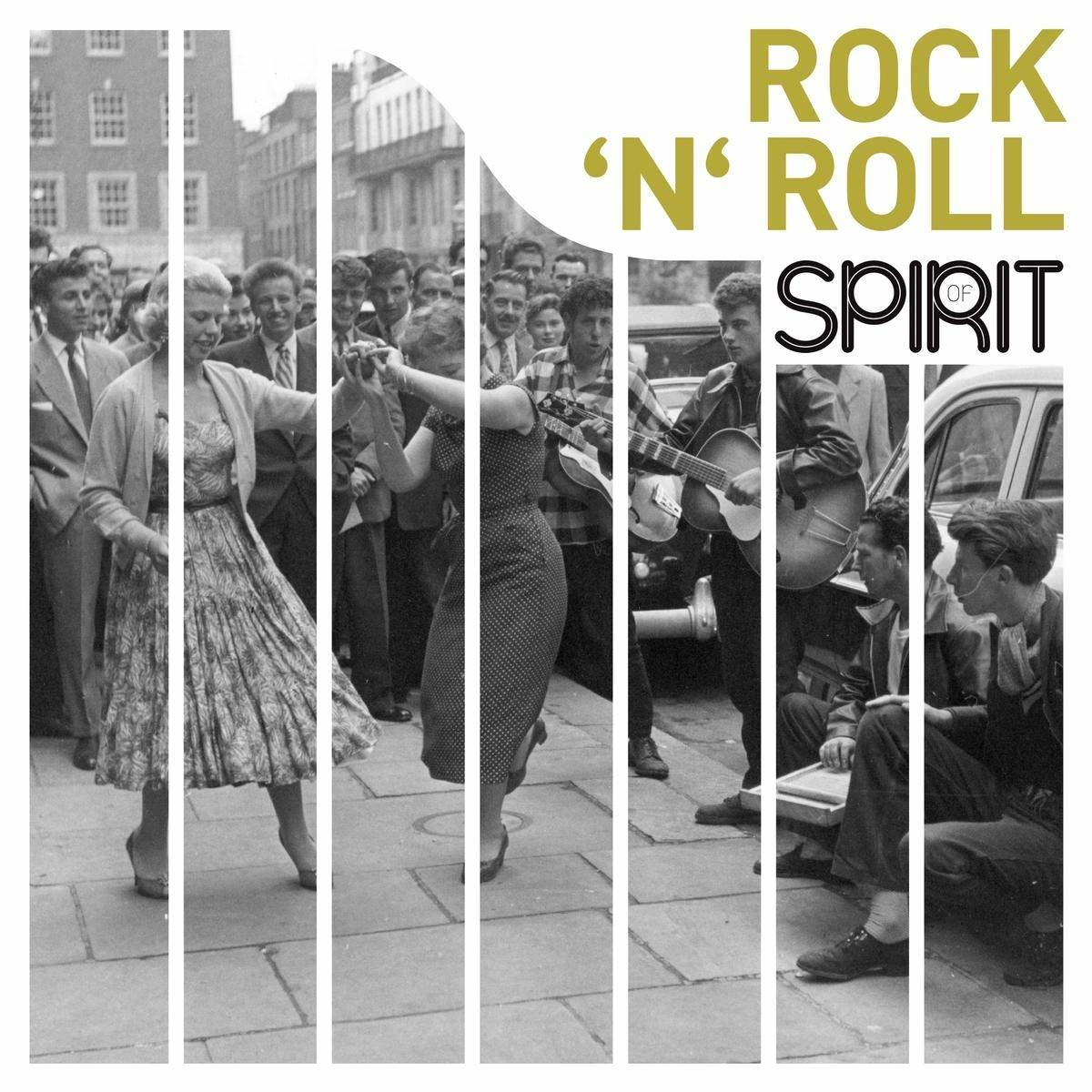 Schwarz-Weiß-Bild von tanzenden Menschen und Musikinstrumenten. Der Text 'Rock 'N' Roll Spirit'.
