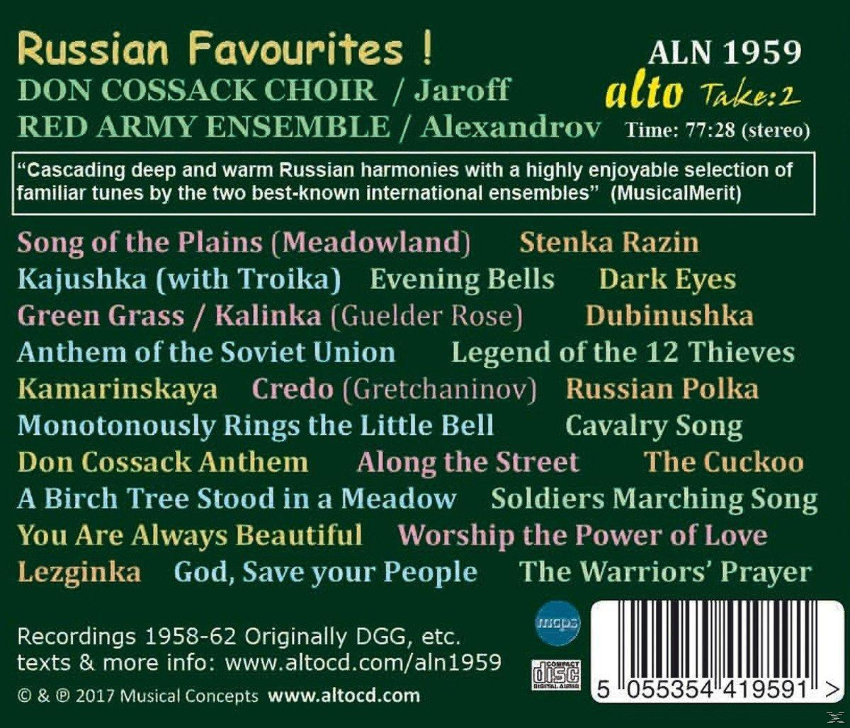 Albumcover: 'Russian Favourites!' mit Songtiteln und Text in einer weißen Box. CD-Label sichtbar.