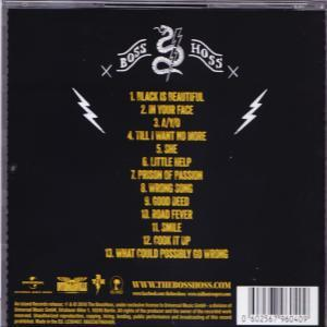 CD-Cover. Schwarzer Hintergrund mit Text. Boss Hoss-Logo oben. Trackliste und Website-Adresse sind ebenfalls sichtbar.