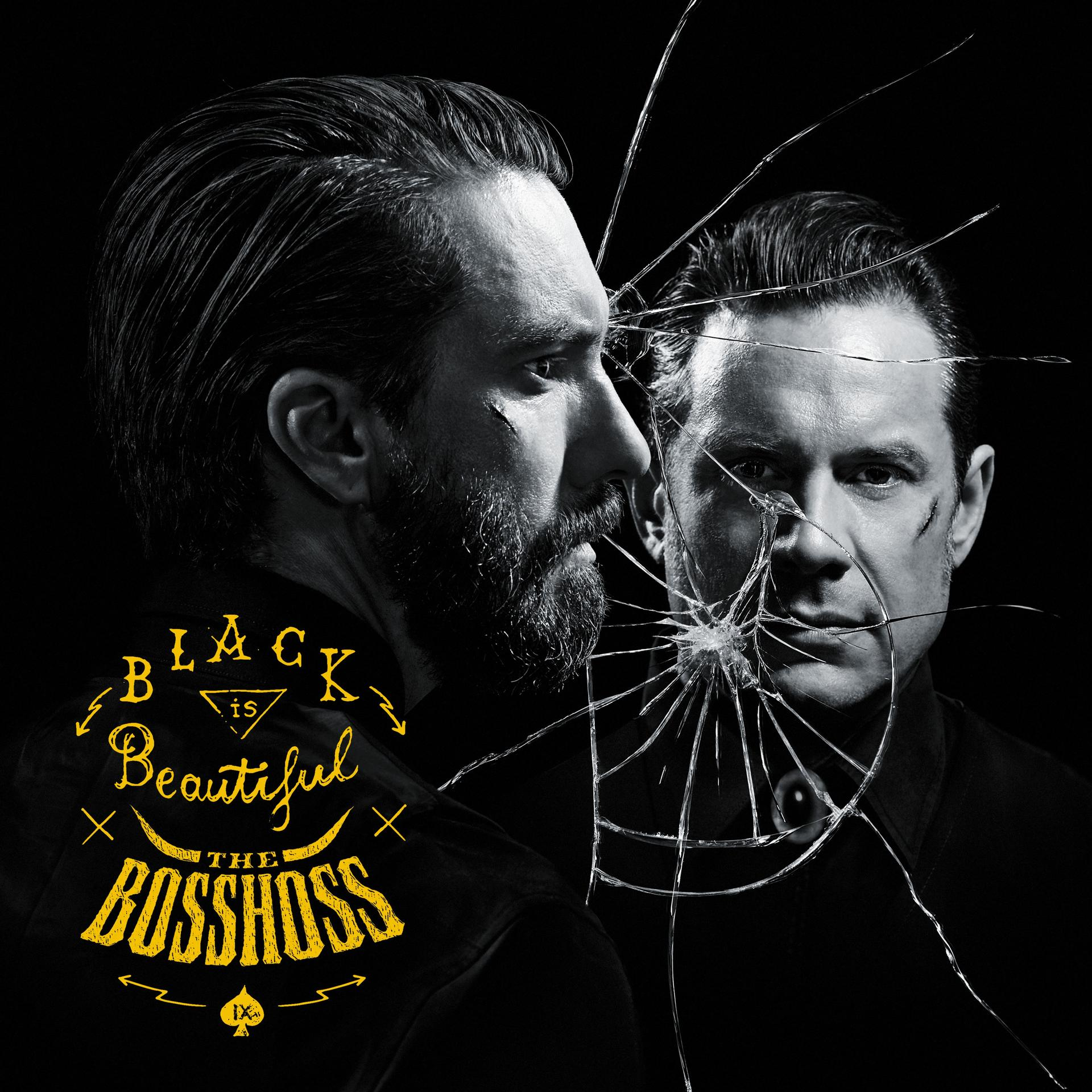 Schwarz-weiß-Albumcover für "Black is Beautiful" von The BossHoss. Zeigt zwei Männer mit einem zerbrochenen Glaseffekt.
