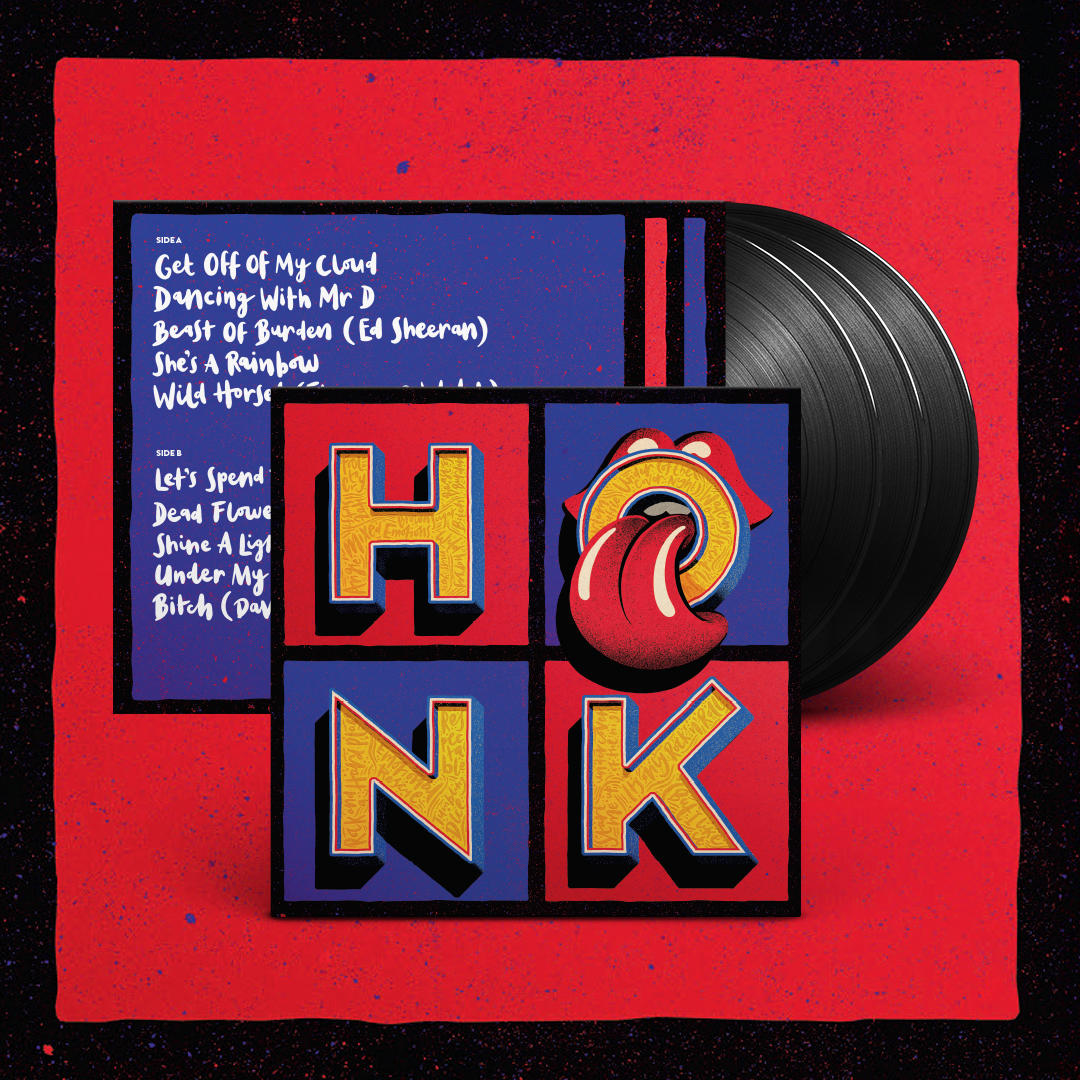 Schallplatte mit buntem Cover, das Wort 'HONK' ist prominent.
