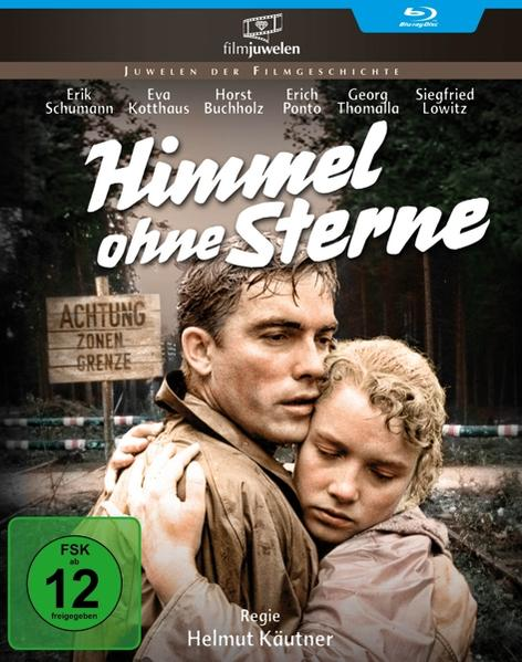 Filmplakat eines sich umarmenden Paares, mit dem Titel "Himmel ohne Sterne" und den Namen der Schauspieler.