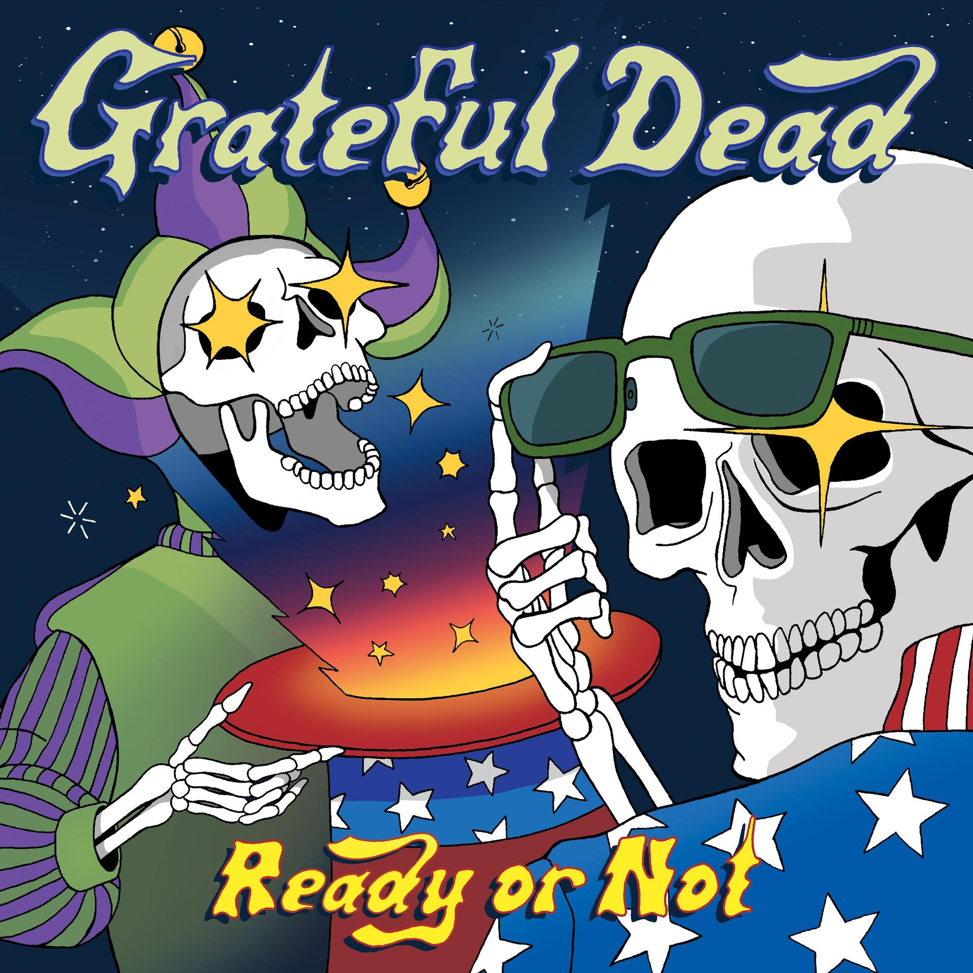 Grateful Dead albumhoes: Schedels, sterren, nar, houdt een hoed met sterren vast. Album: Ready or Not.