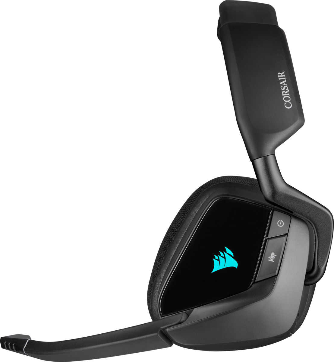 Un casque de jeu Corsair noir avec un microphone.