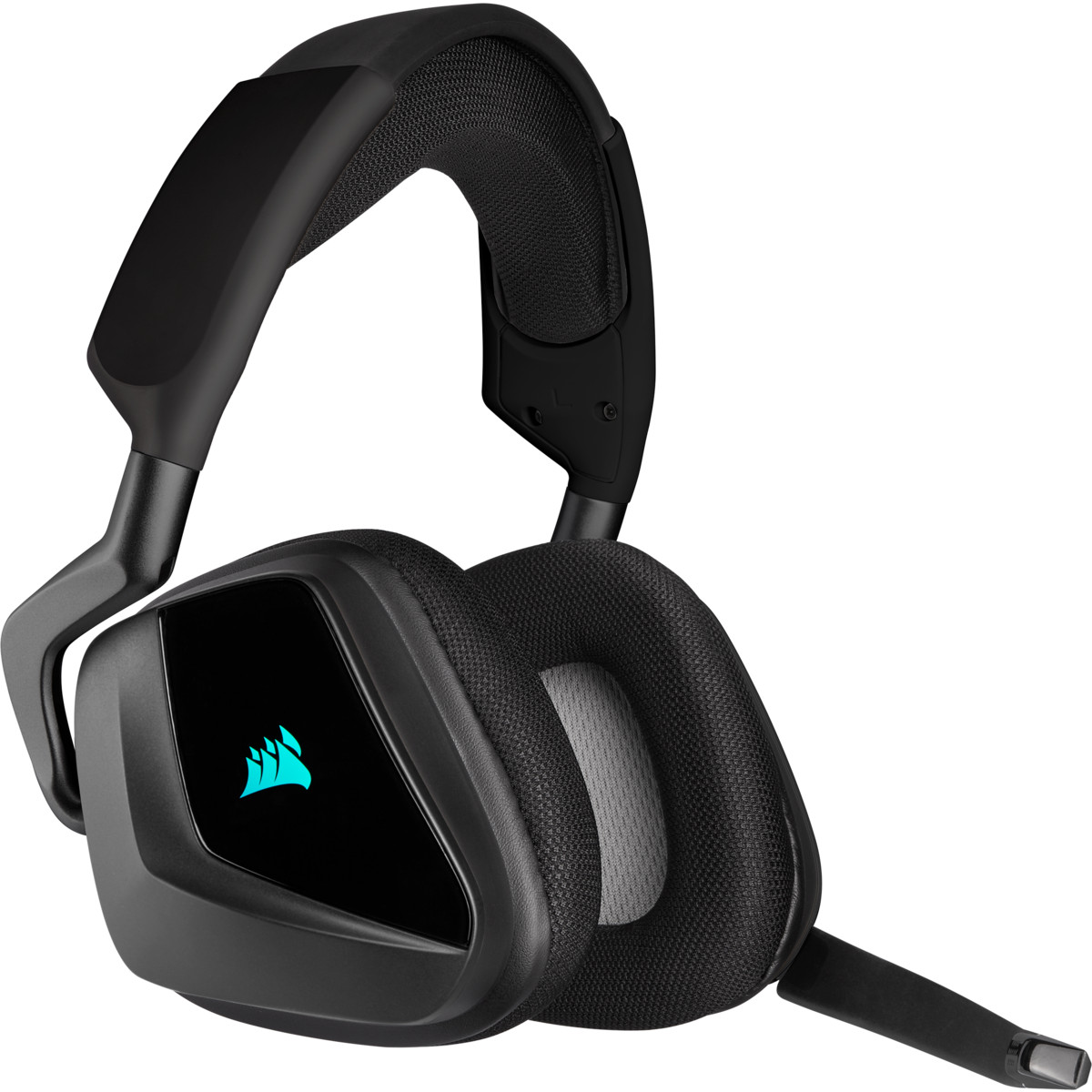Casque de jeu Corsair noir avec microphone et logo bleu sur le côté.