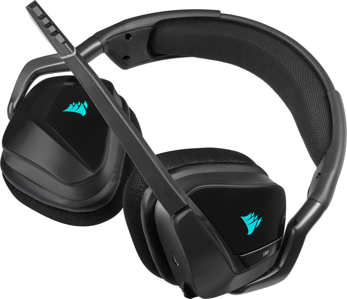Casque de jeu noir avec microphone et logo bleu Corsair.