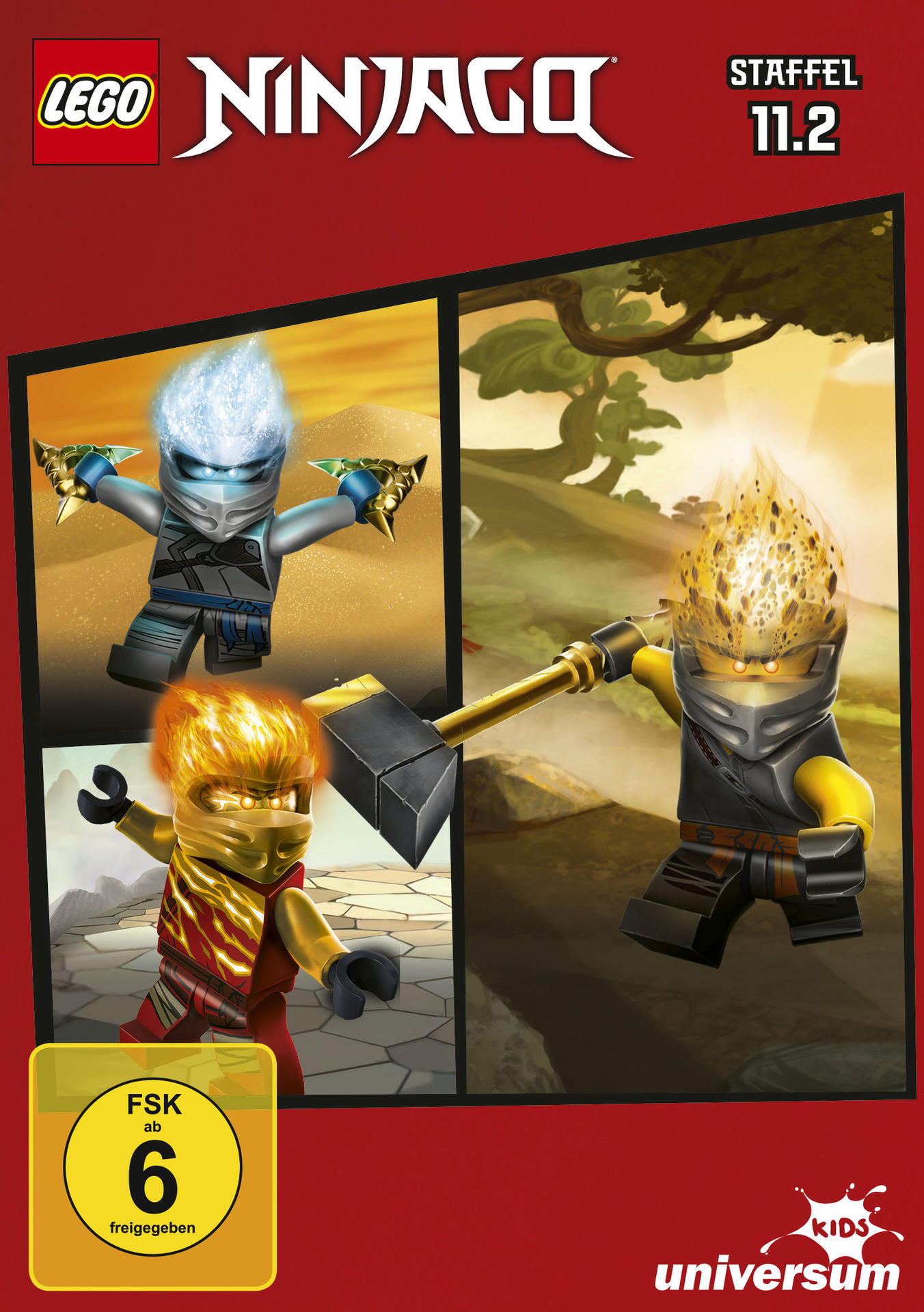 Lego Ninjago DVD-Cover. Enthält drei Ninja-Figuren und das Logo der Show. Roter Hintergrund.