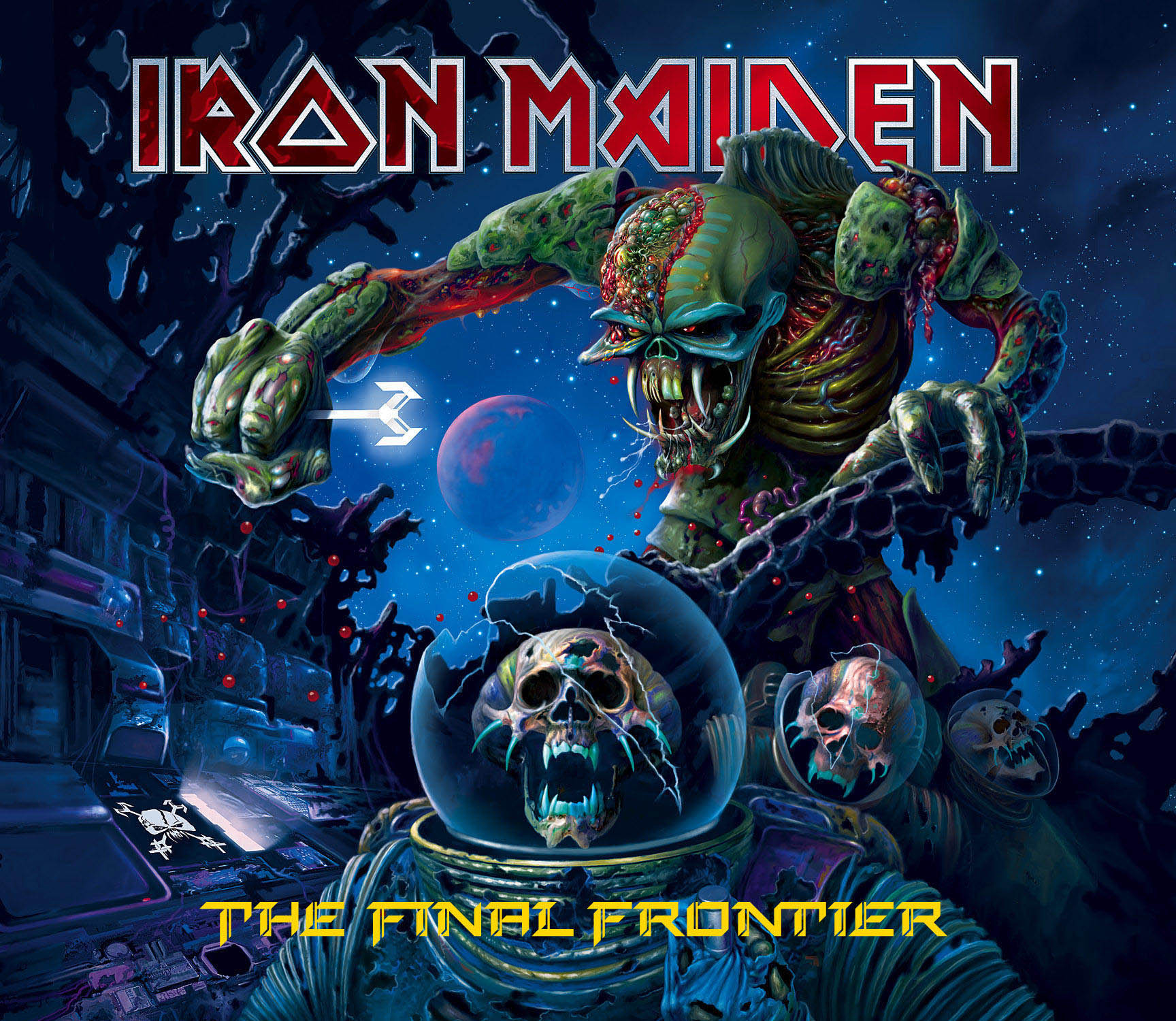 Albumcover für Iron Maiden, mit einem Monster im Weltraum. Der Titel lautet "THE FINAL FRONTIER".