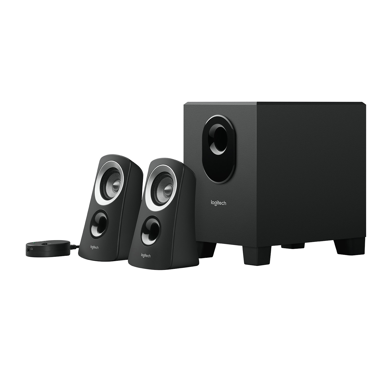 Ein schwarzes Logitech-Lautsprechersystem mit zwei Satellitenlautsprechern und einem Subwoofer.