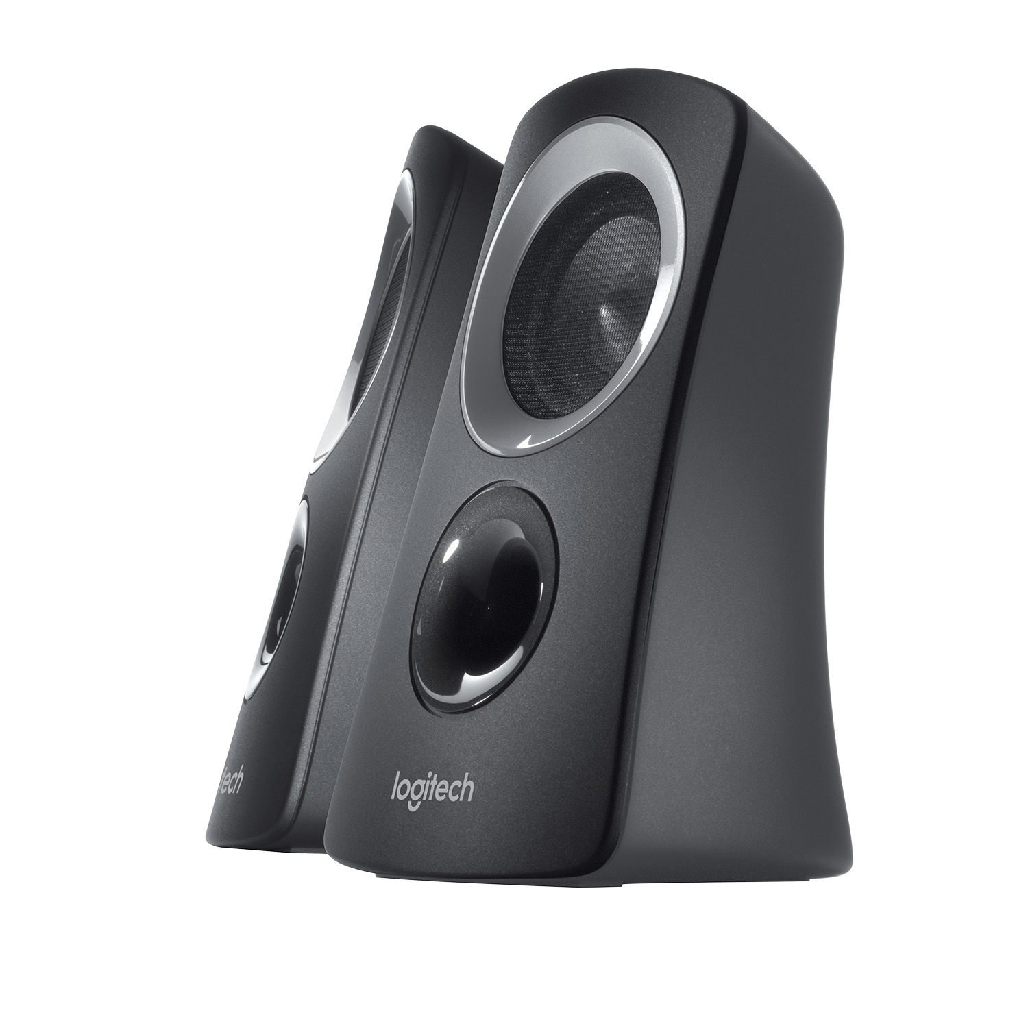 Zwei schwarze Logitech-Lautsprecher mit einem silbernen Ring um den Lautsprecher. Der Hintergrund ist weiß.