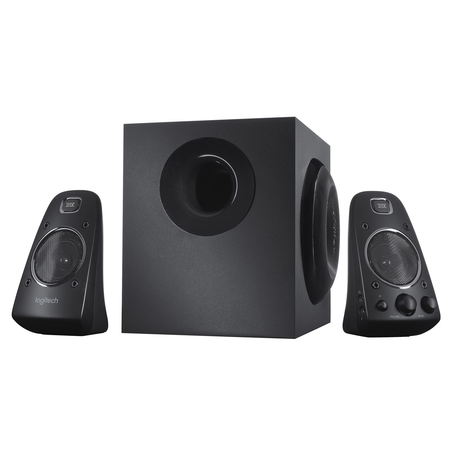 Logitech-Lautsprecherset, schwarz, mit zwei Satellitenlautsprechern und einem Subwoofer.