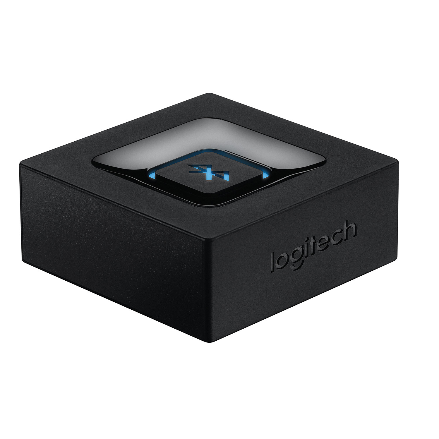 Schwarzer, quadratischer Logitech Bluetooth-Adapter mit blauem Knopf und Logo.