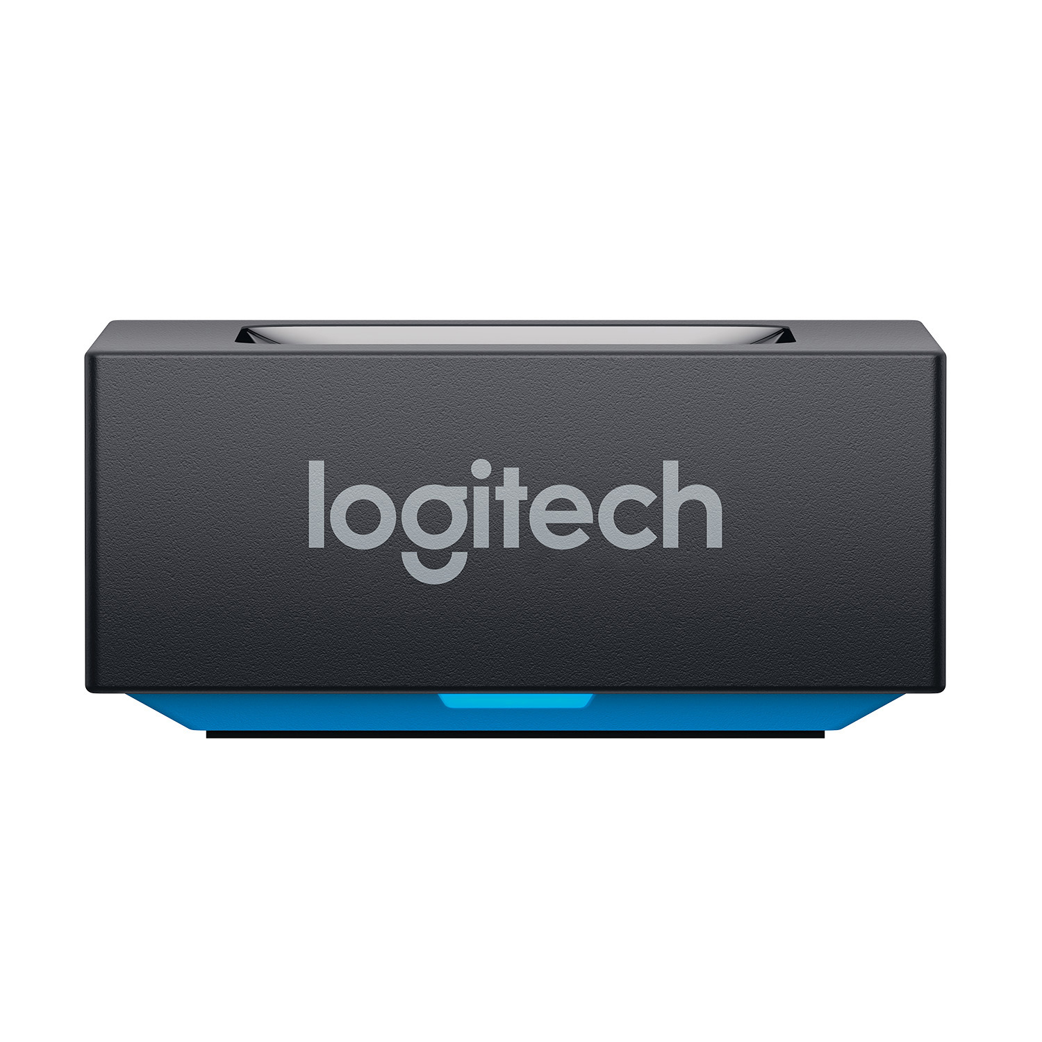 Ein schwarzer und blauer Logitech USB-Empfänger mit dem Logitech-Logo.