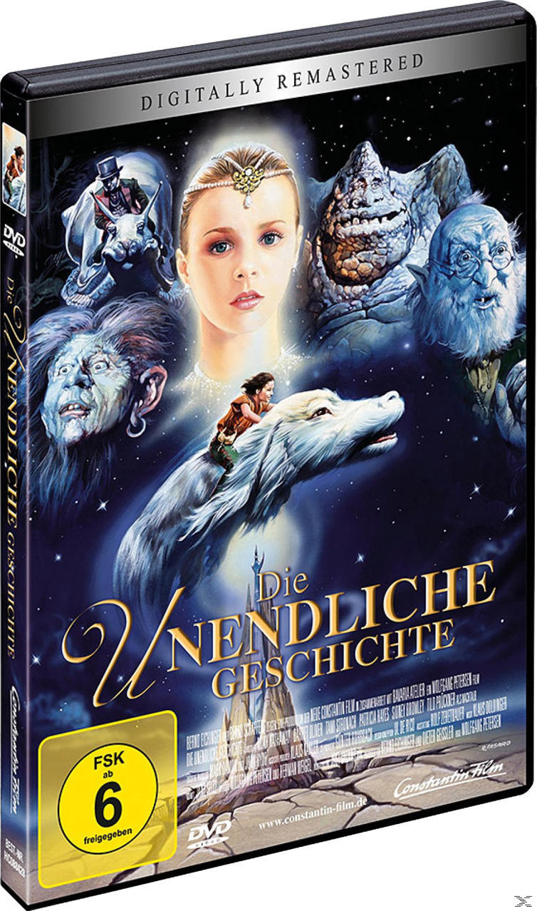 DVD-Cover: Die unendliche Geschichte. Eine Frau, ein Junge auf einem Drachen und Fantasiewesen werden gezeigt.