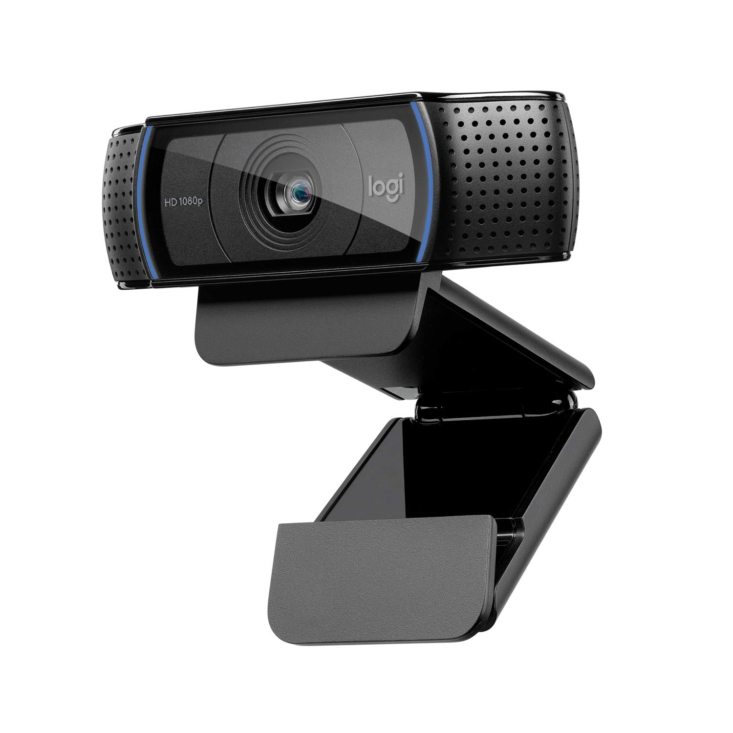 Logitech Webcam mit schwarzem Gehäuse, Objektiv und Ständer auf weißer Oberfläche.