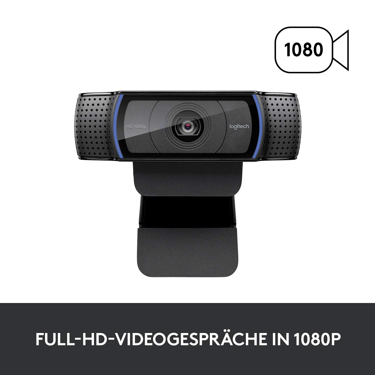 Logitech-Webcam, schwarz und blau, mit 1080-Anzeige, weißer Hintergrund.