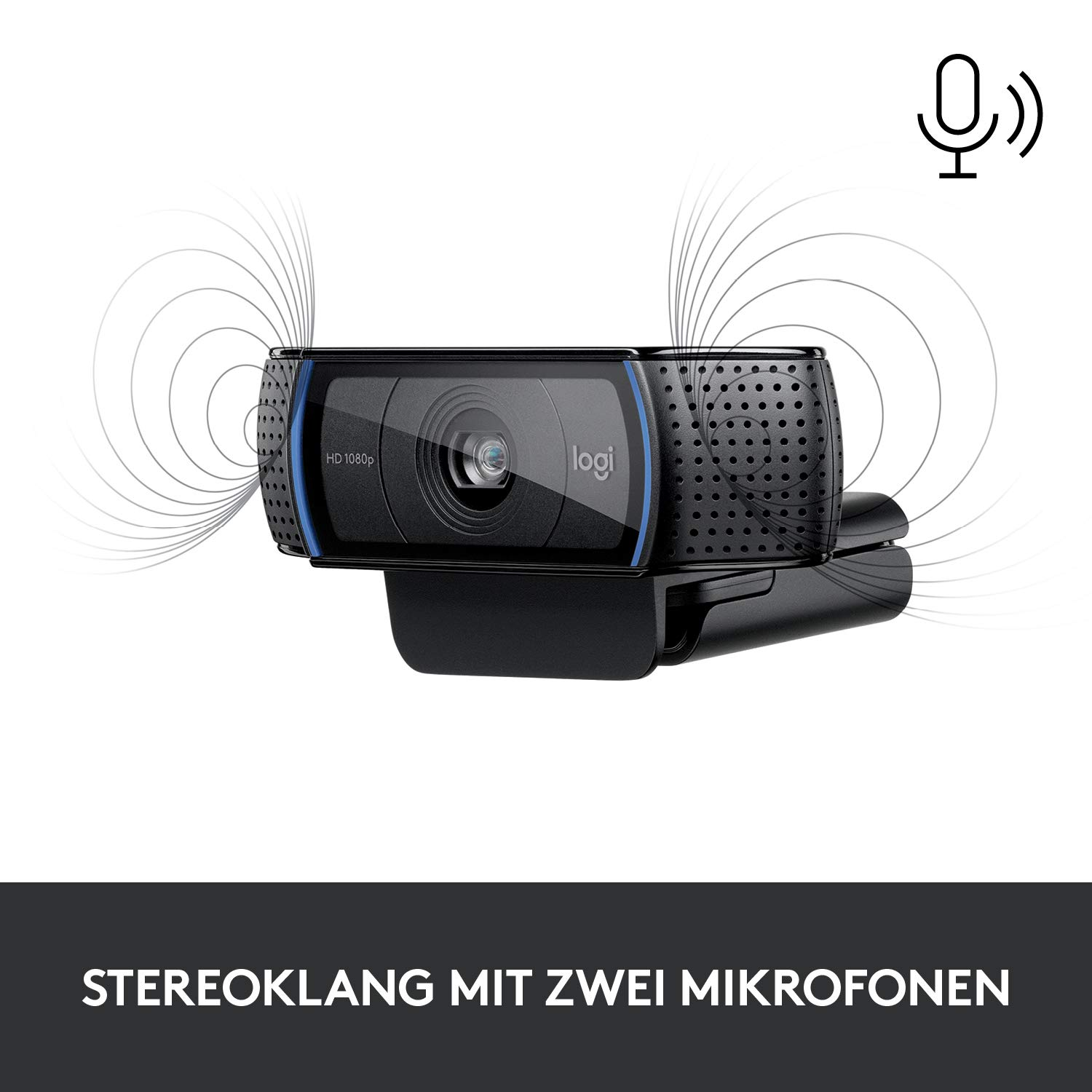Logitech Webcam. Schwarz mit blauen Akzenten, 'HD 1080p' wird angezeigt.