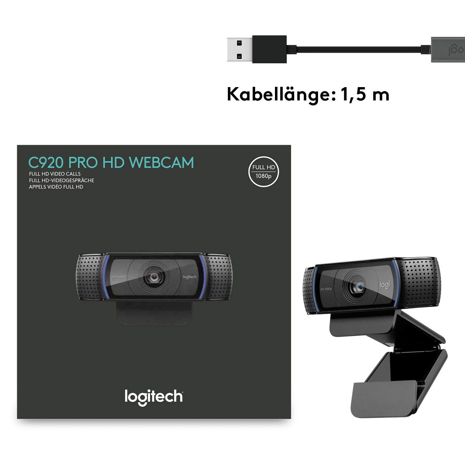 Webcam-Box mit Webcam und USB-Kabel, zeigt Produkt und Verpackung.