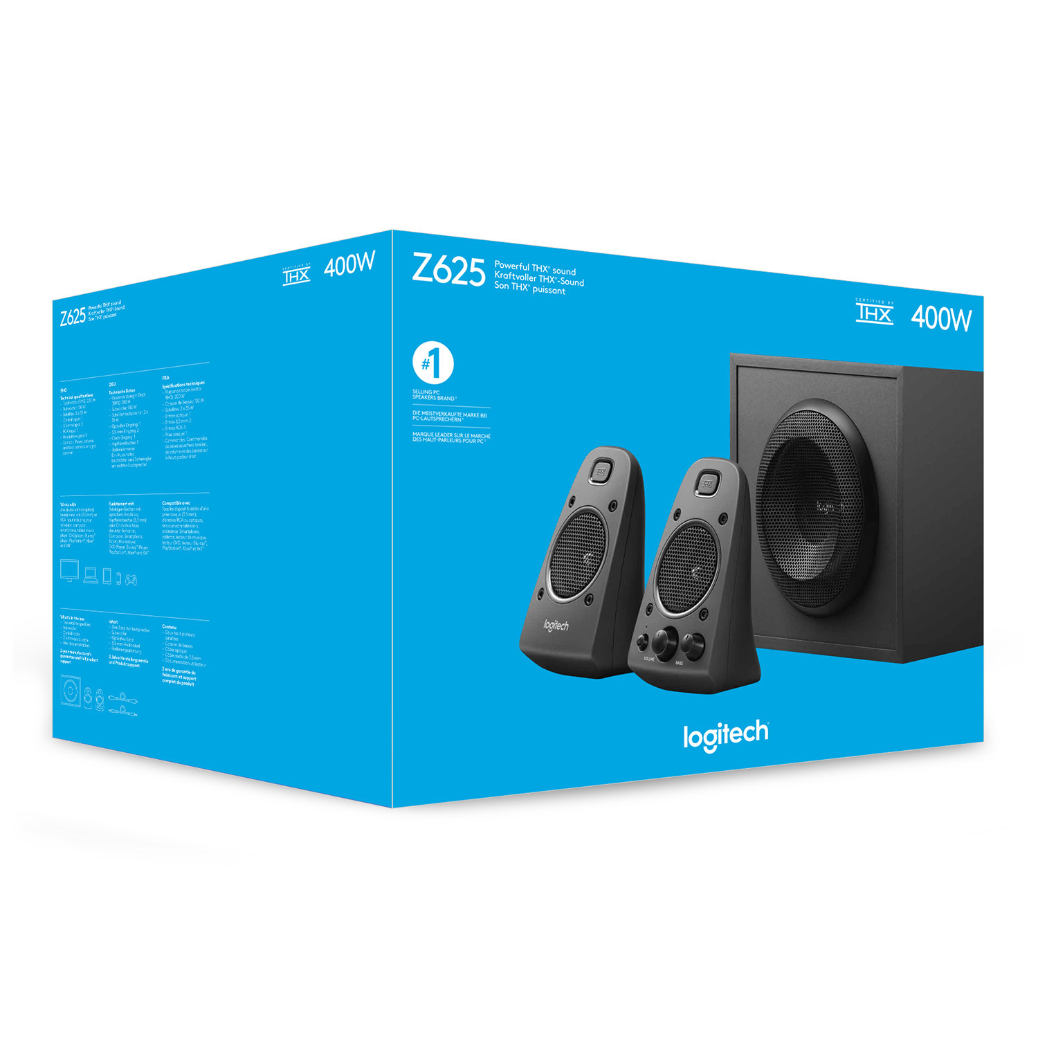 Logitech Z625-Lautsprecher. Die Box zeigt Lautsprecher und Subwoofer. Weißer Hintergrund. THX 400W.