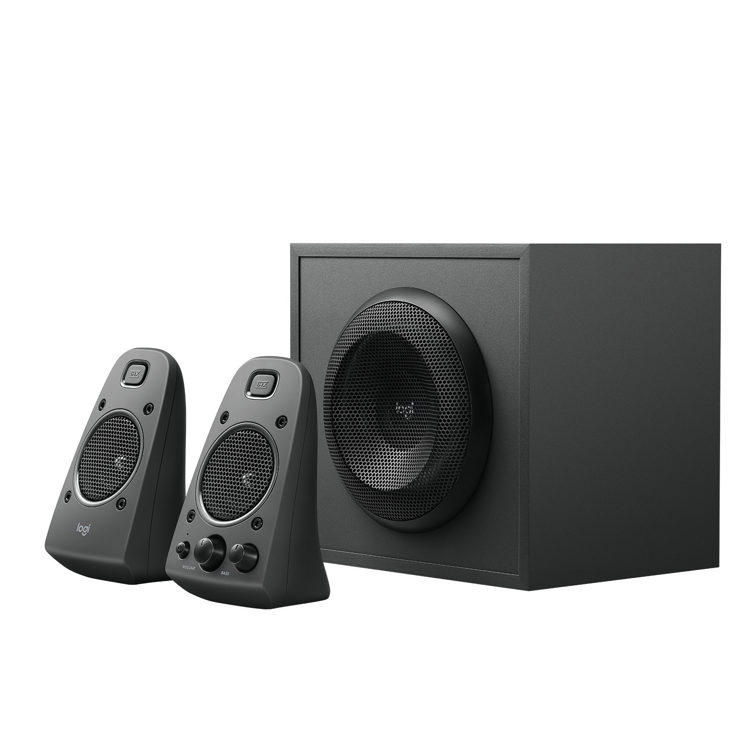 Schwarze Logitech-Lautsprecher mit zwei Satelliten und einem Subwoofer.