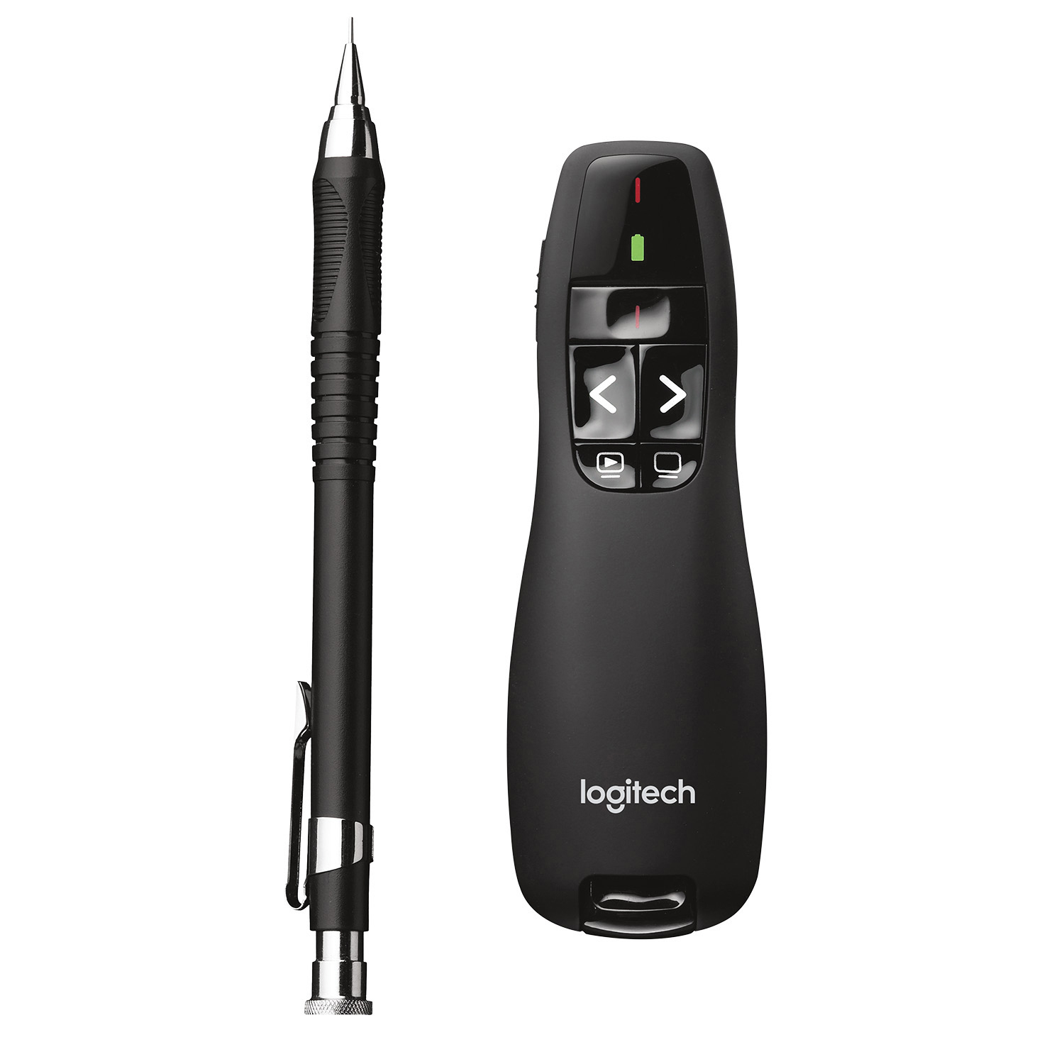 Schwarzer Logitech-Präsentationsredner und ein Druckbleistift auf weißem Hintergrund.