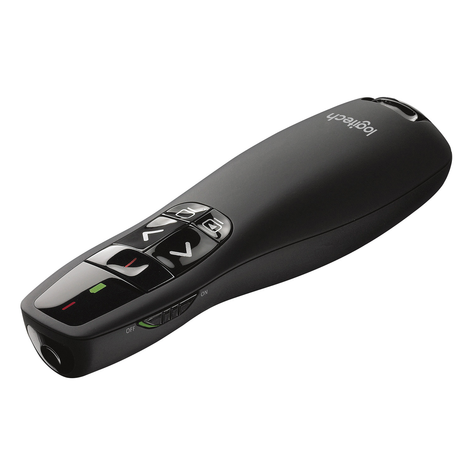 Schwarzer Logitech-Präsentationsgerät mit Tasten und grün/roter Anzeige.