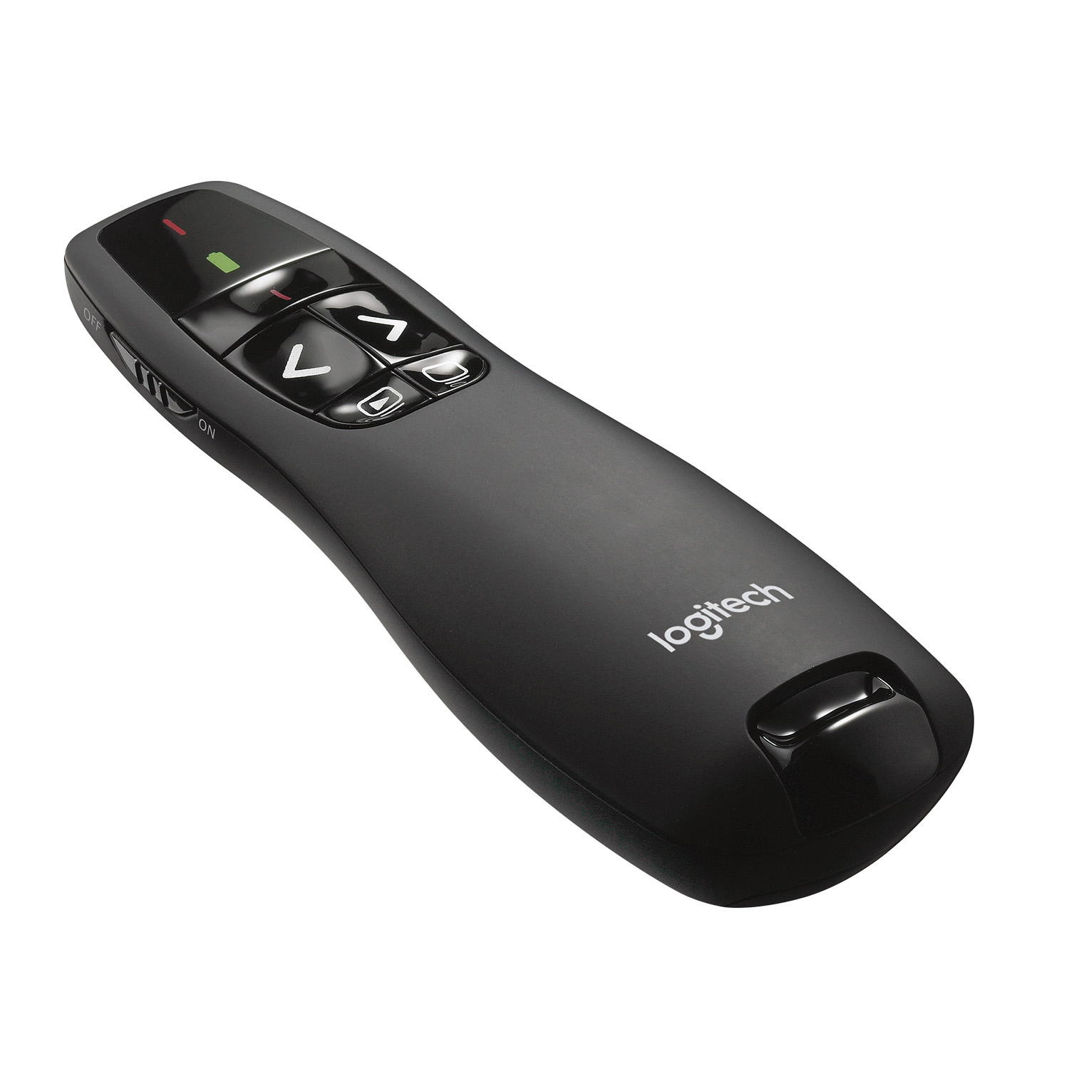 Schwarzer Logitech-Präsentationsgerät mit Folientasten und Ein-/Aus-Taste.