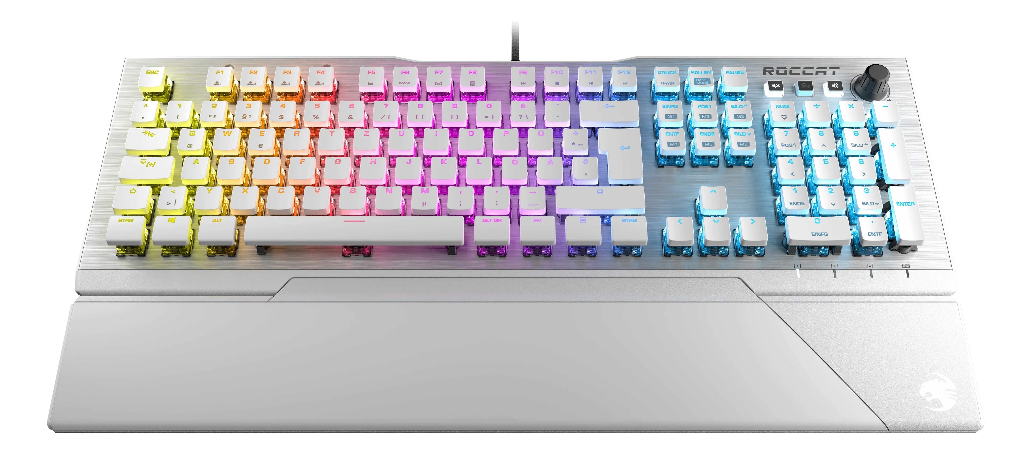Weiße mechanische Tastatur mit RGB-Beleuchtung. Sie hat eine Lautstärkenrolle und Logo.