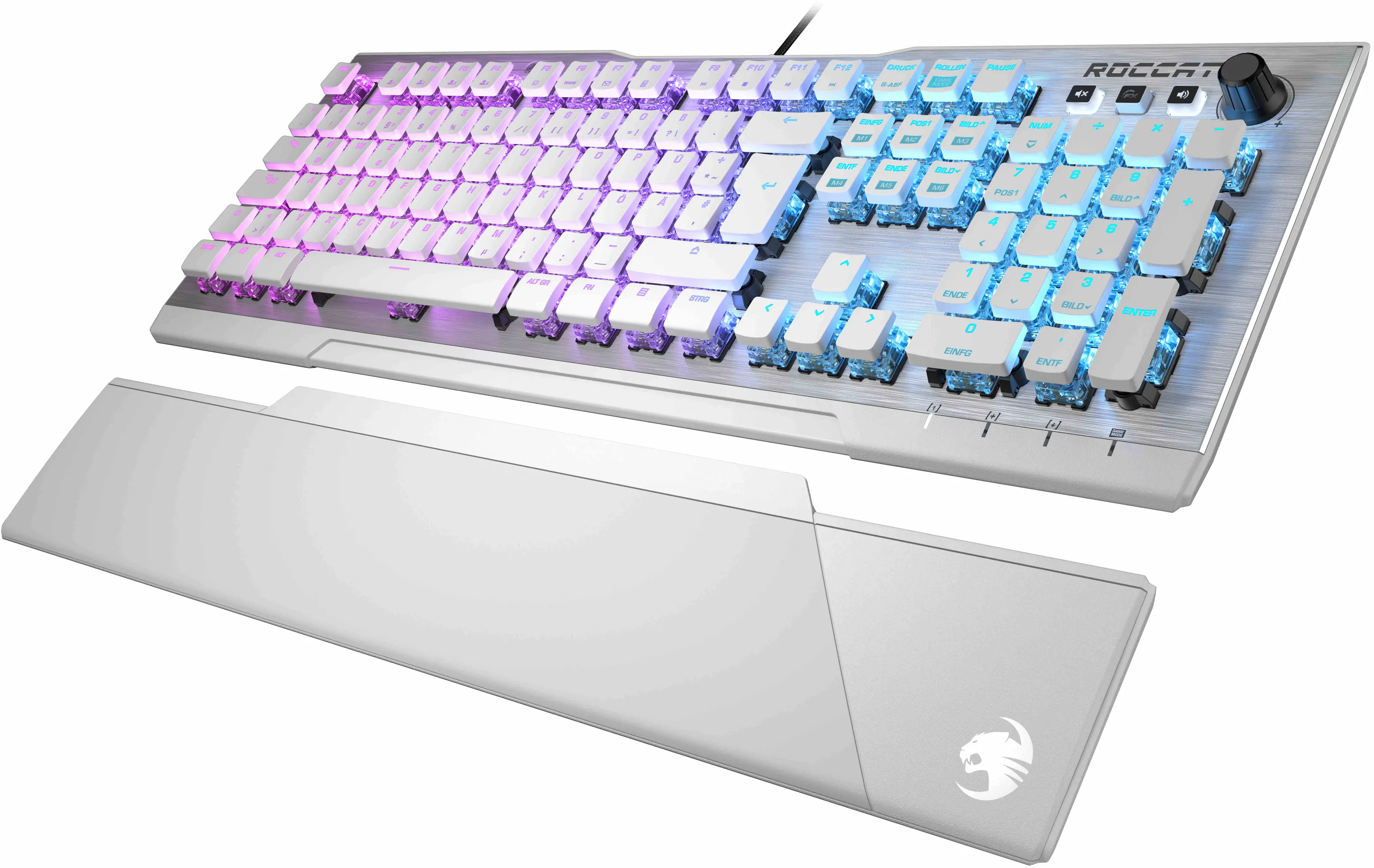 Weiße und silberne Gaming-Tastatur mit beleuchteten Tasten, Handballenauflage und Drehregler.