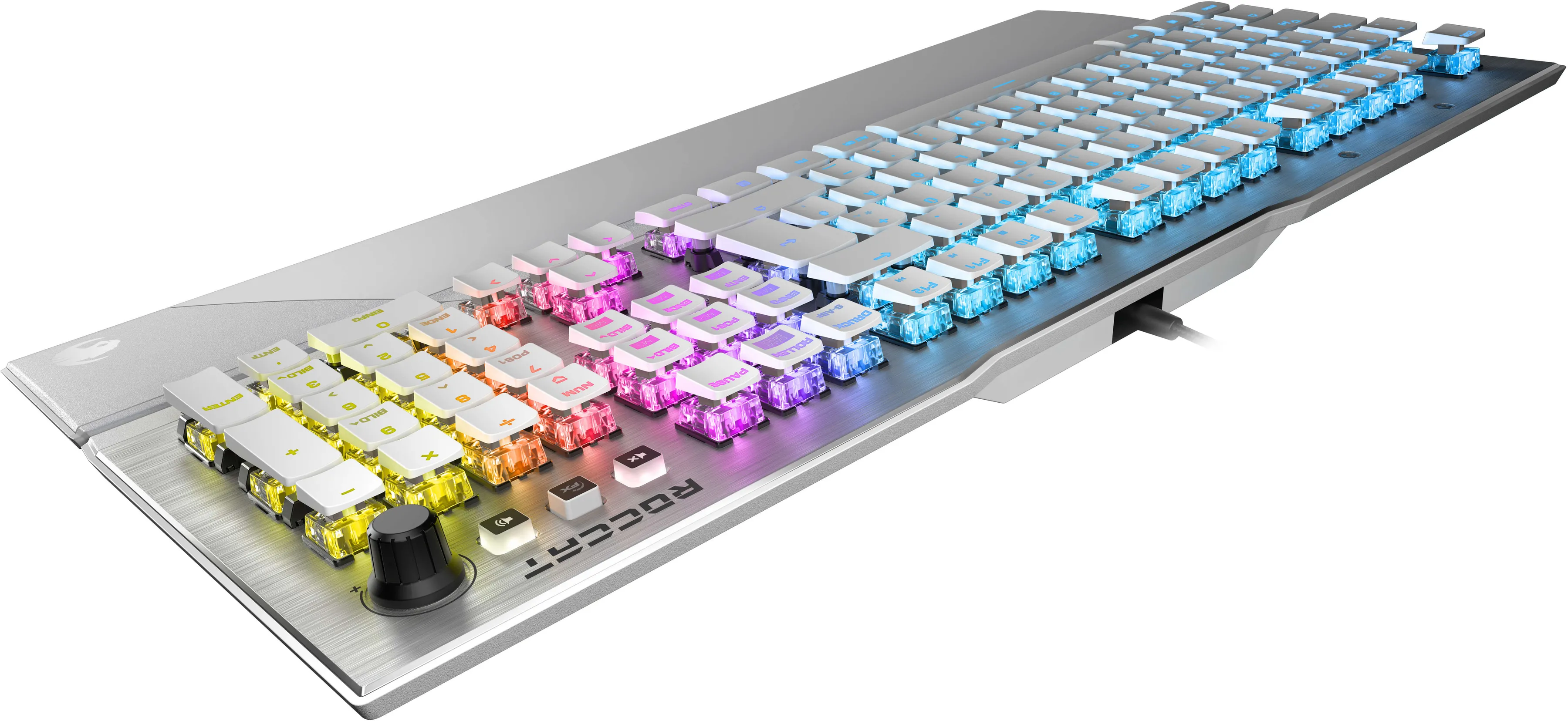 Silber-weiß Gaming-Tastatur mit beleuchteten Tasten und einem Lautstärkerad.