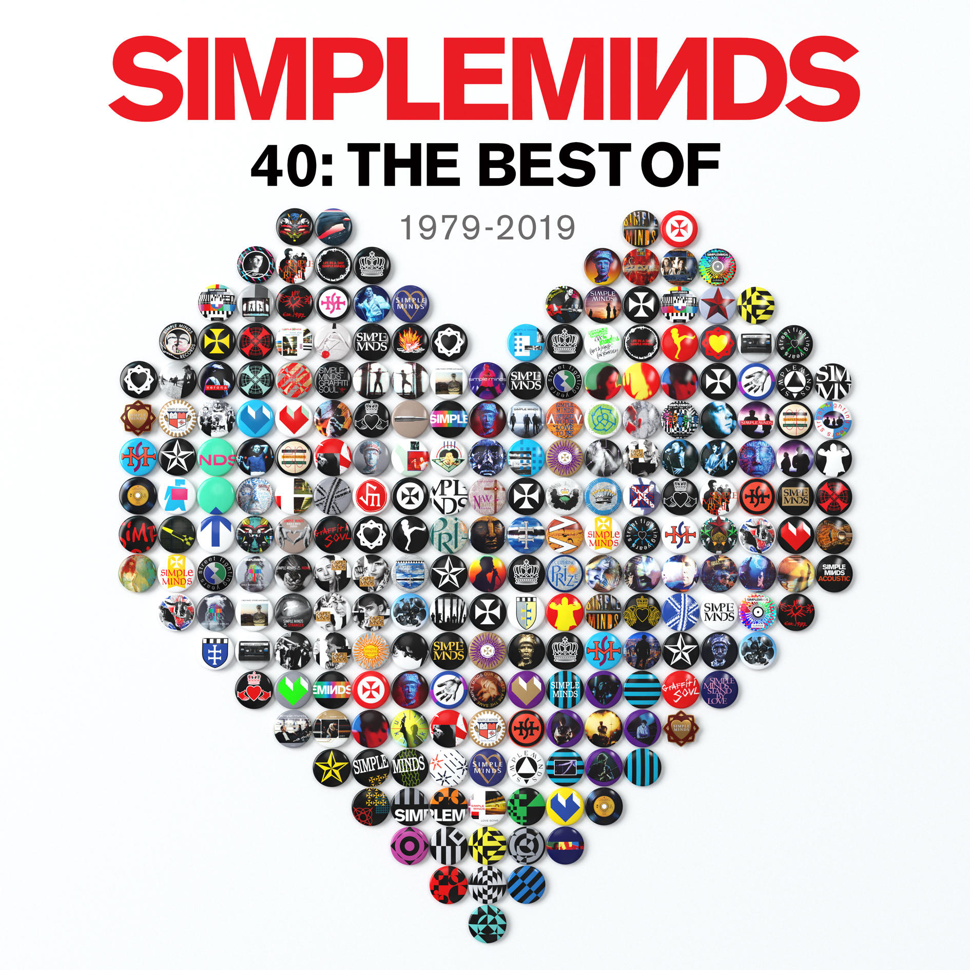 Albumcover: Herz aus Abzeichen, roter Text, Simple Minds.