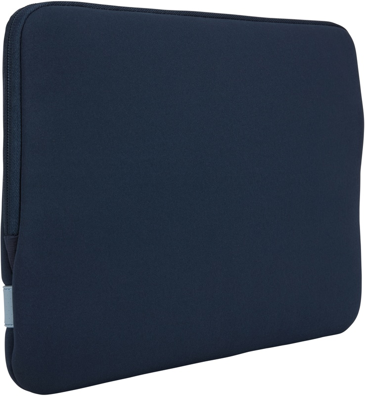 Eine marineblaue Laptop-Hülle mit Reißverschluss. Die Hülle ist glatt.