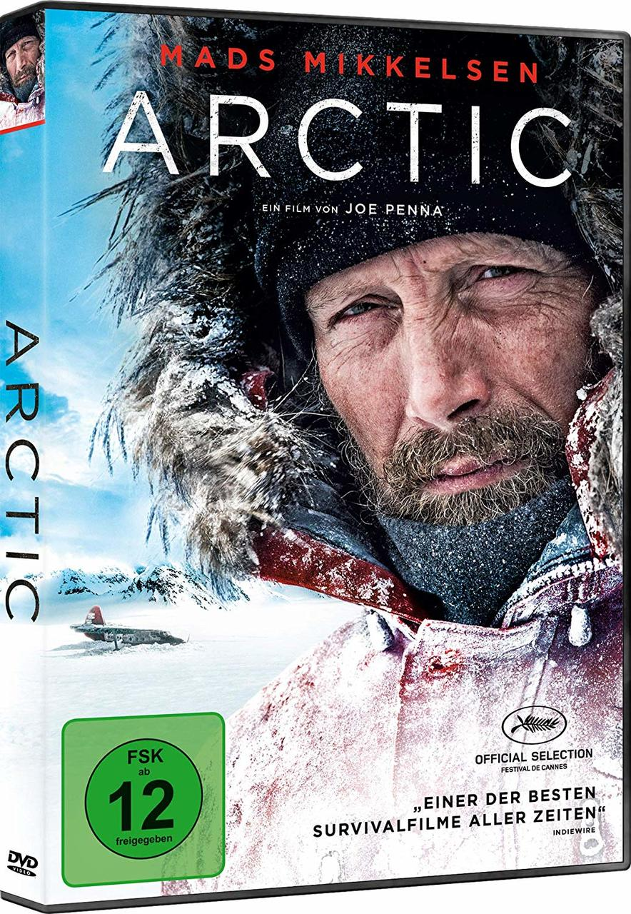 DVD-Cover des Films Arctic, mit einem Mann im Parka in schneebedeckter Landschaft.