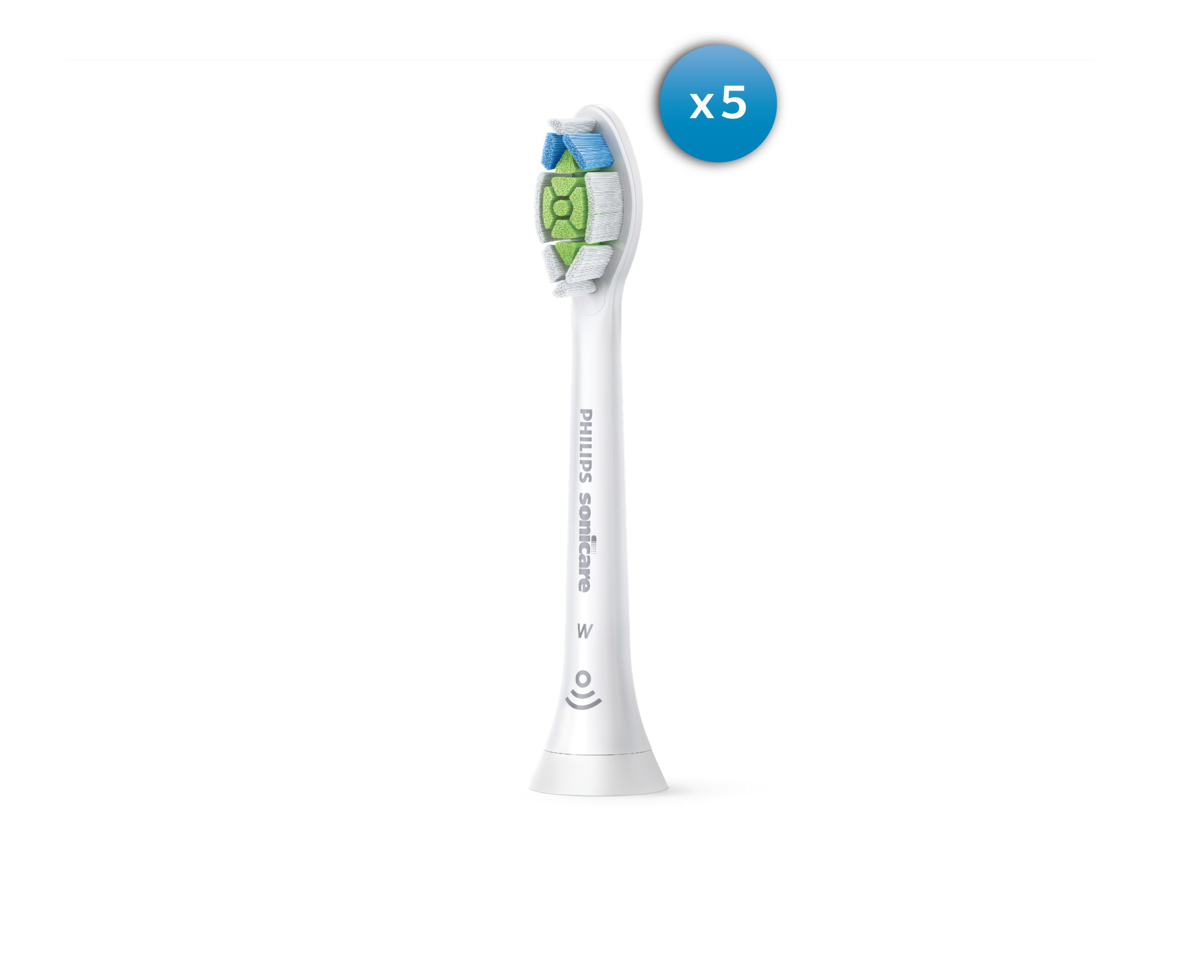 Weißer Philips Sonicare Zahnbürstenkopf mit grünen und blauen Borsten und einem 'x5'-Etikett.