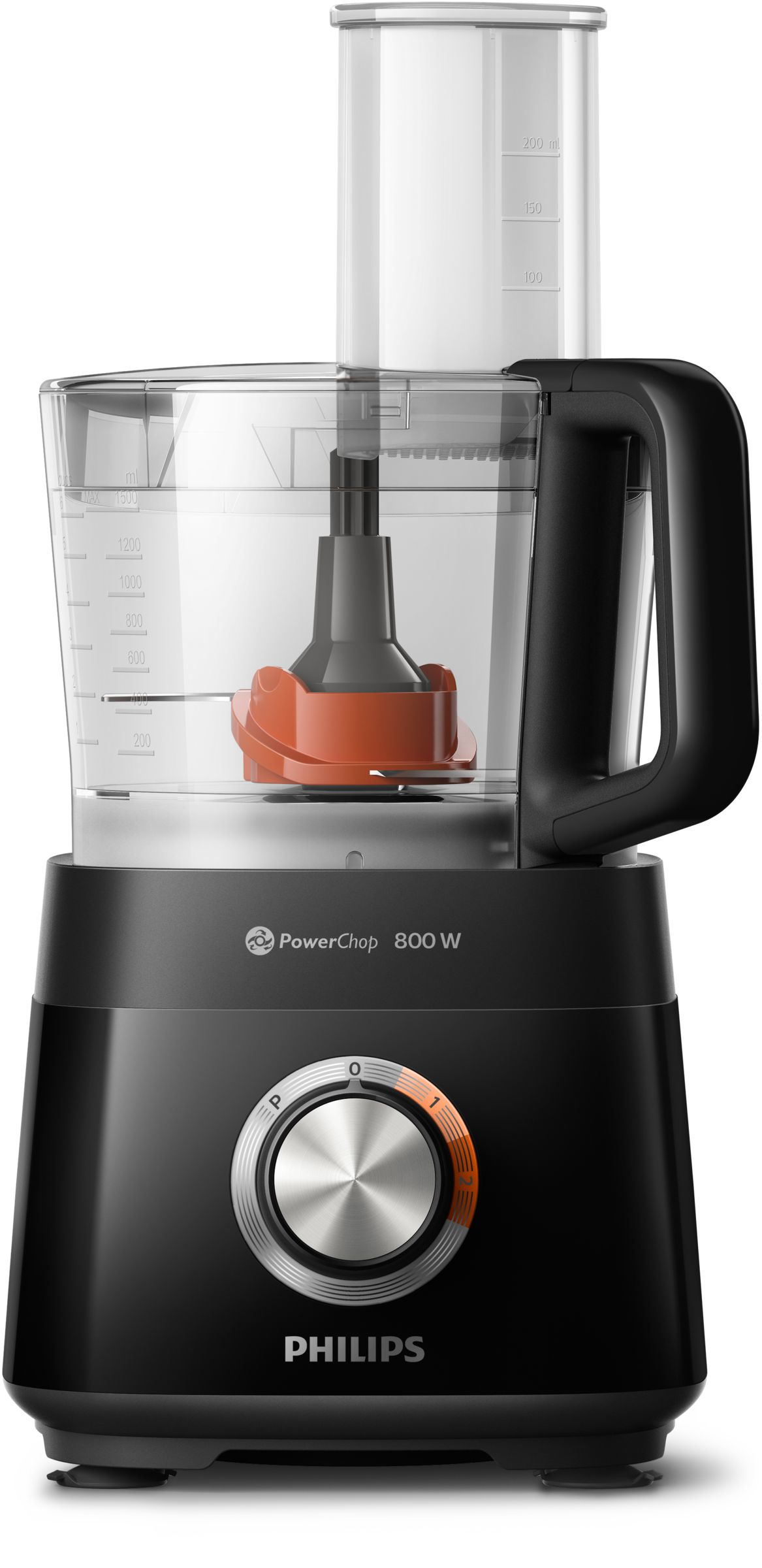 Schwarzer Philips-Küchenmixer mit durchsichtigem Behälter und orangefarbener Taste.