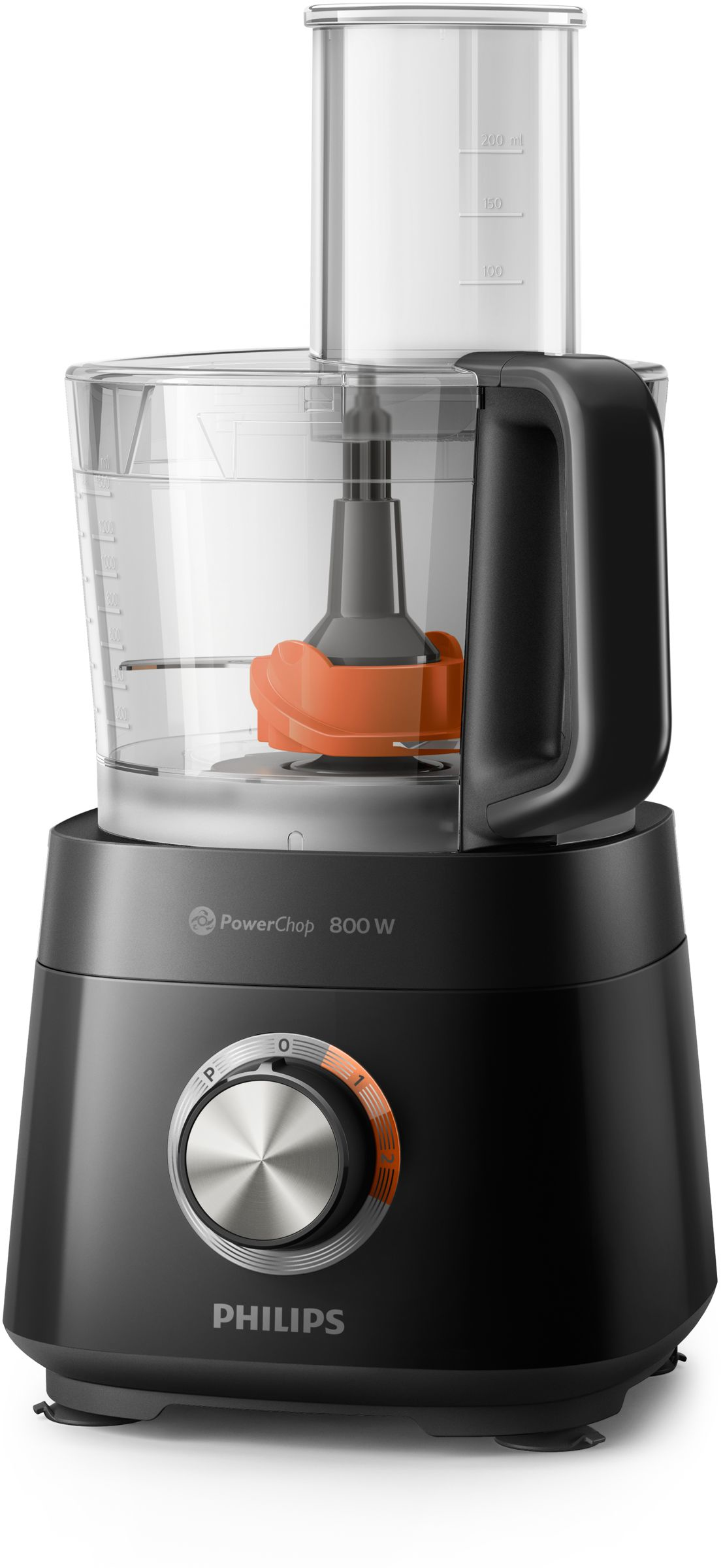 Ein schwarzer und silberner Philips-Foodprozessor mit klarer Rührschüssel und orangefarbenem Drehregler.
