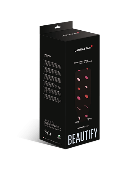 Eine schwarze Schachtel mit Text und farbigen Lippenmotiven. Der Text lautet 'LAURASTAR', 'BEAUTIFY' und 'UNIVERSAL COVER'.