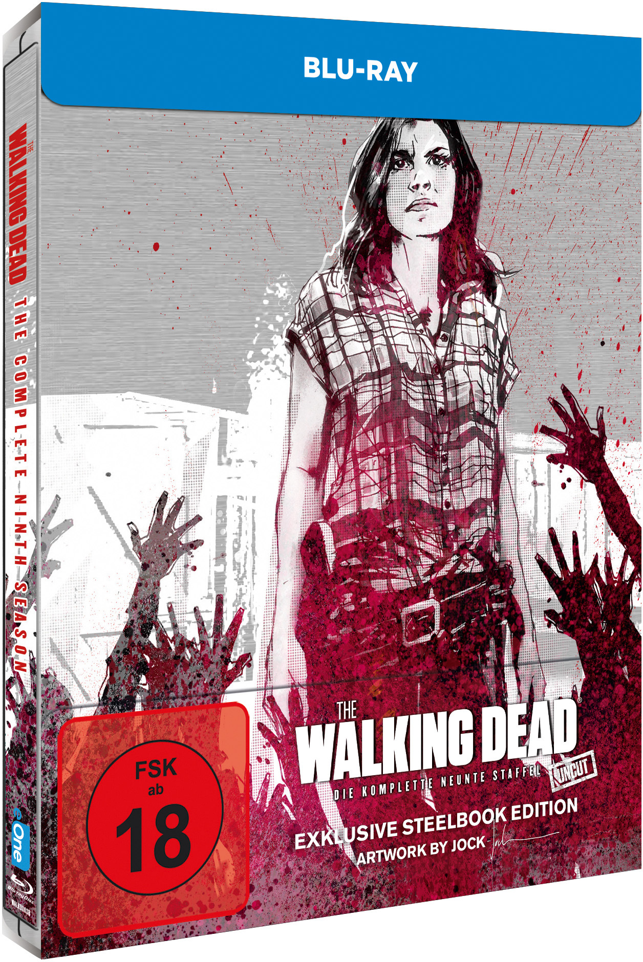 The Walking Dead Blu-ray Box-Set. Zeigt eine Frau, umgeben von Zombiehänden. FSK 18.