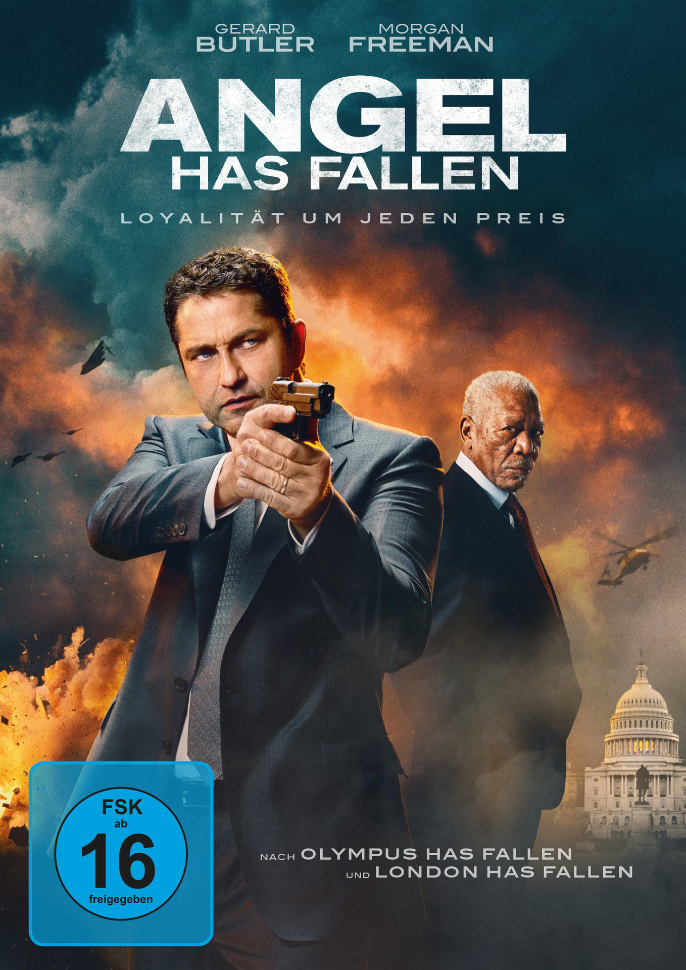 Filmcover mit Gerard Butler, der eine Waffe hält, Morgan Freeman im Hintergrund. Titel: Angel Has Fallen.