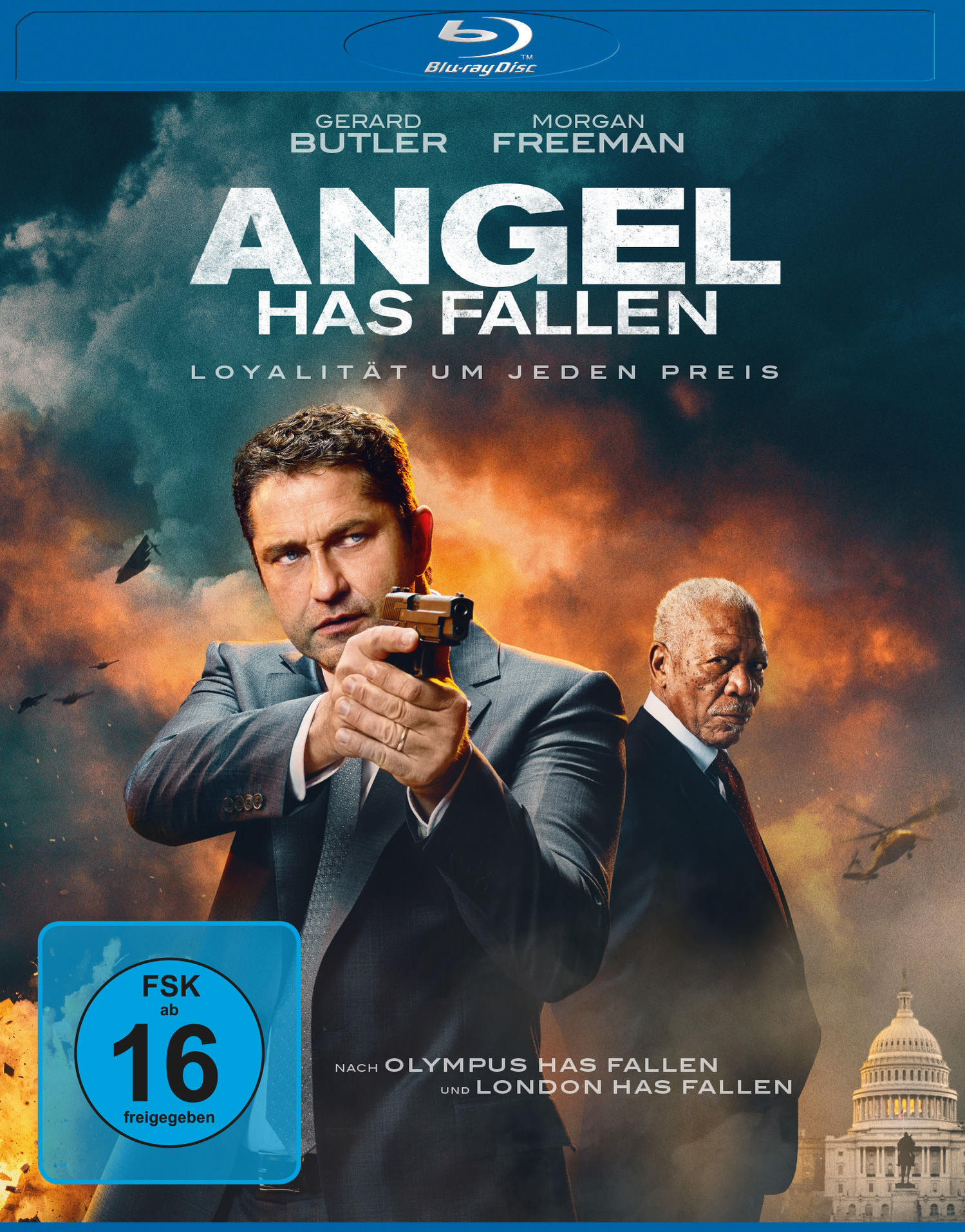 Filmcover: 'Angel Has Fallen' mit Gerard Butler und Morgan Freeman mit einer Pistole.