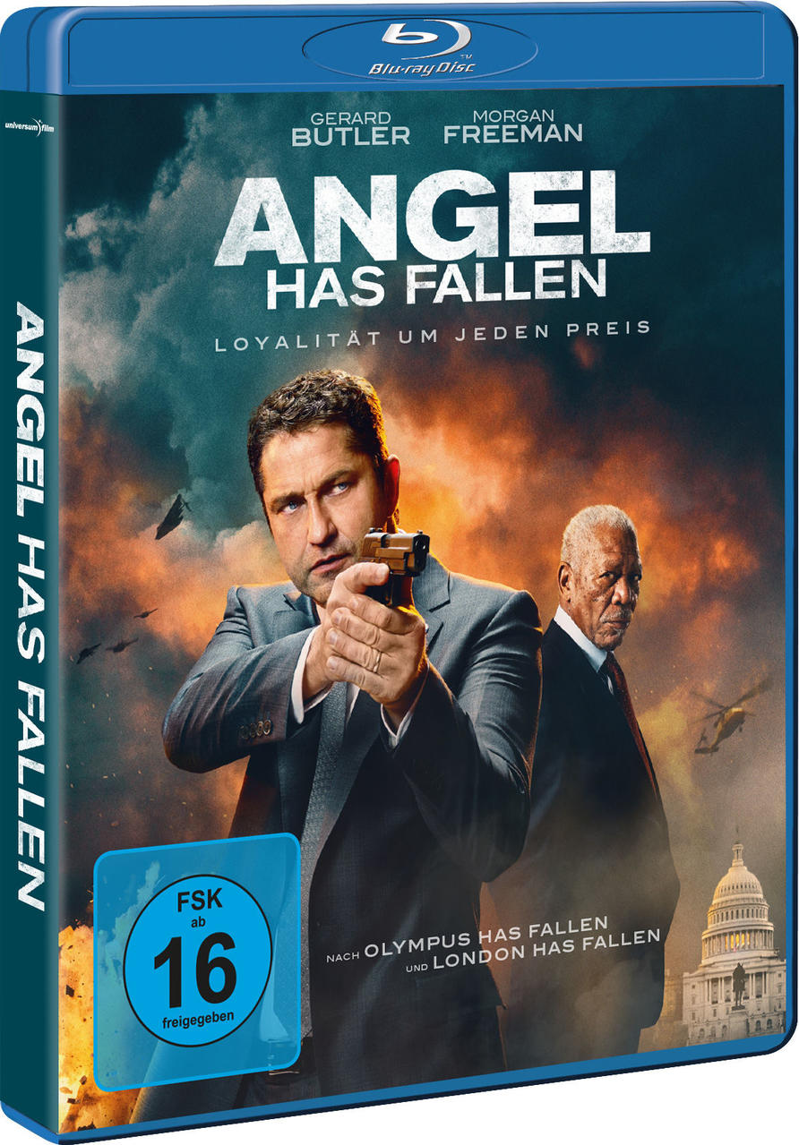 Filmcover mit zwei Männern, betitelt 'Angel Has Fallen'.