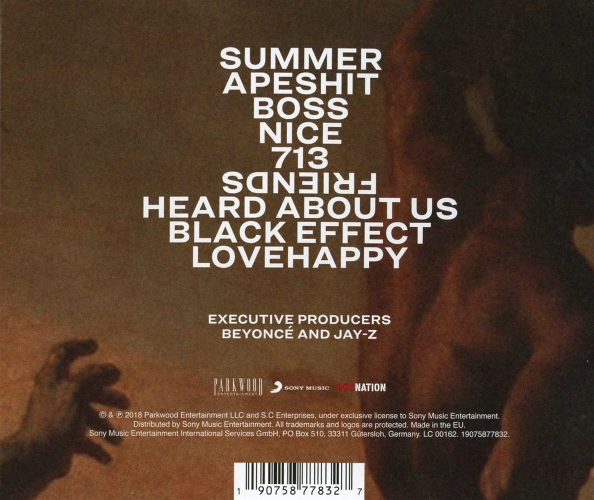 Achterkant van album met songtitels, artiestennamen en credits voor uitvoerende producenten.