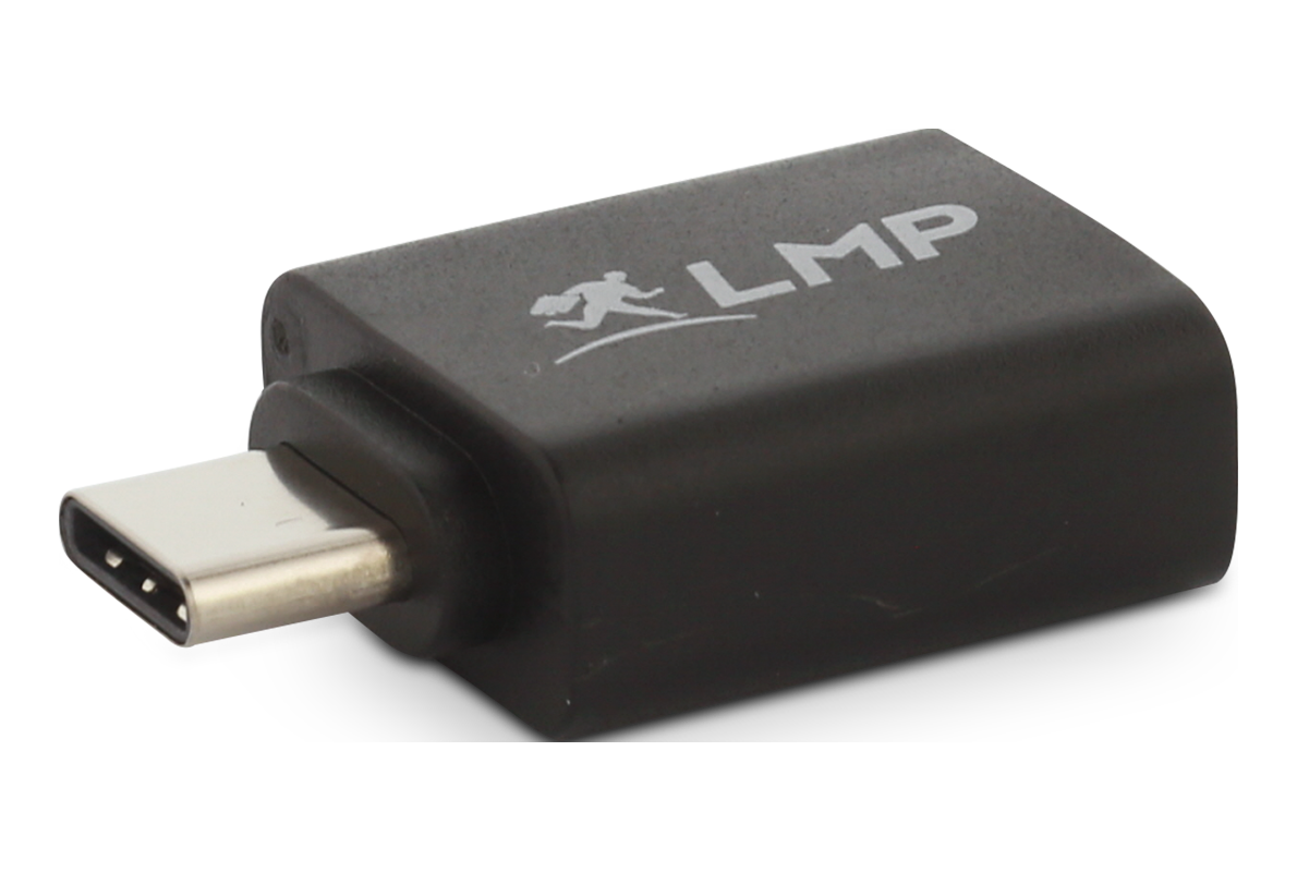 Adaptateur USB-C noir avec logo LMP blanc, sur fond noir.
