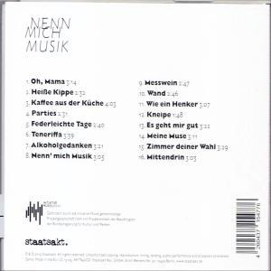 CD-Cover mit Titelliste, weißem Hintergrund und den Worten 'Nenn mich Musik'.